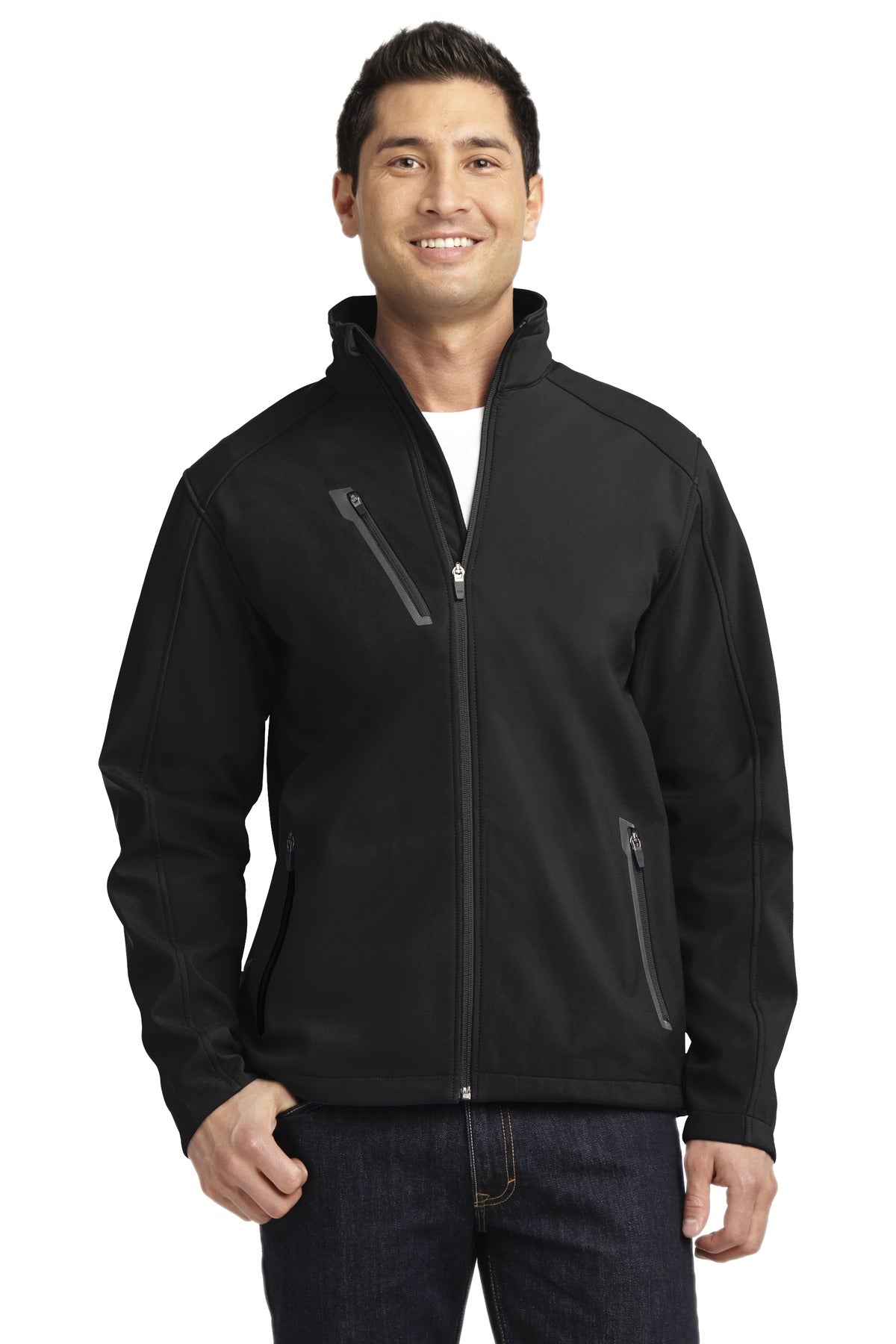 Front View of Black Port Authority Welded Soft Shell Jacket. J324