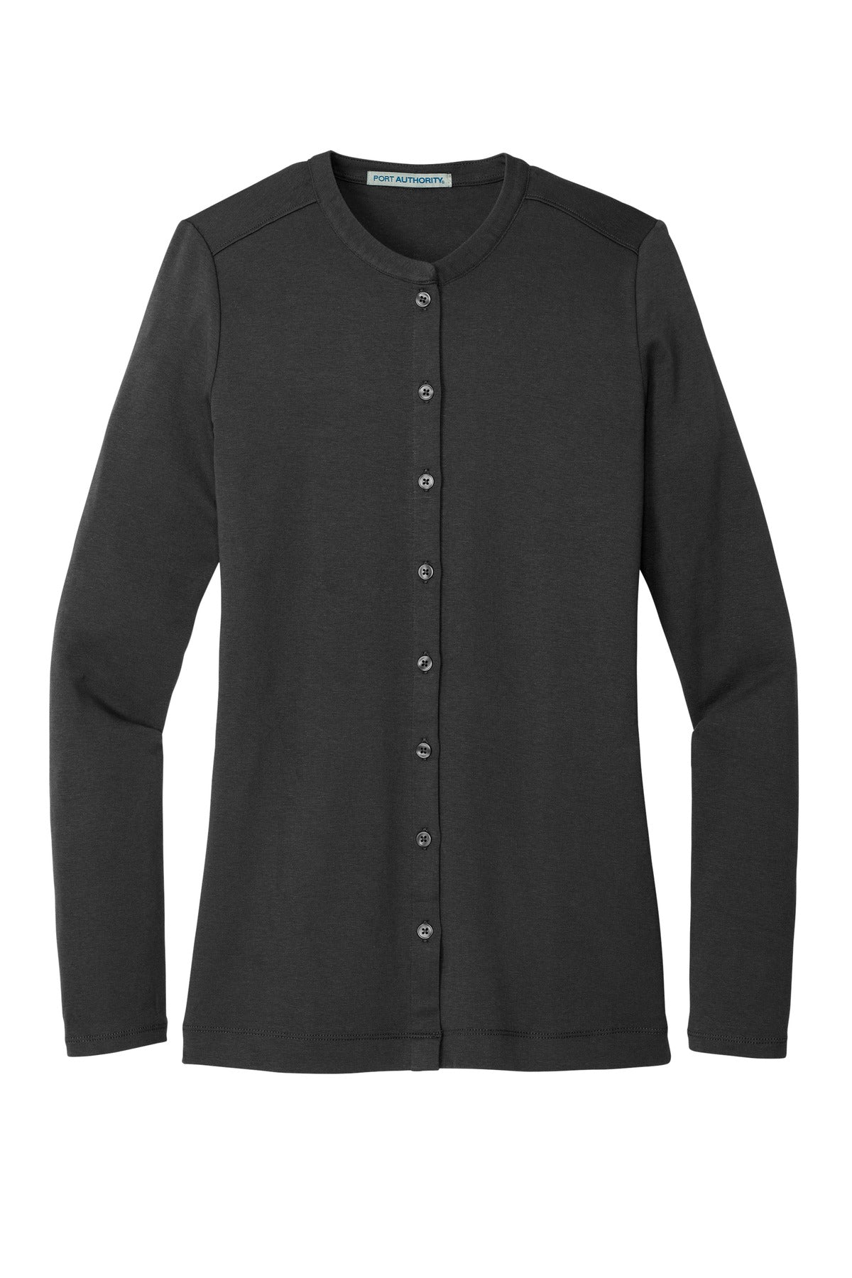 Front View of Black Port Authority Women's Concept Stretch Button-Front Cardigan. LM1008