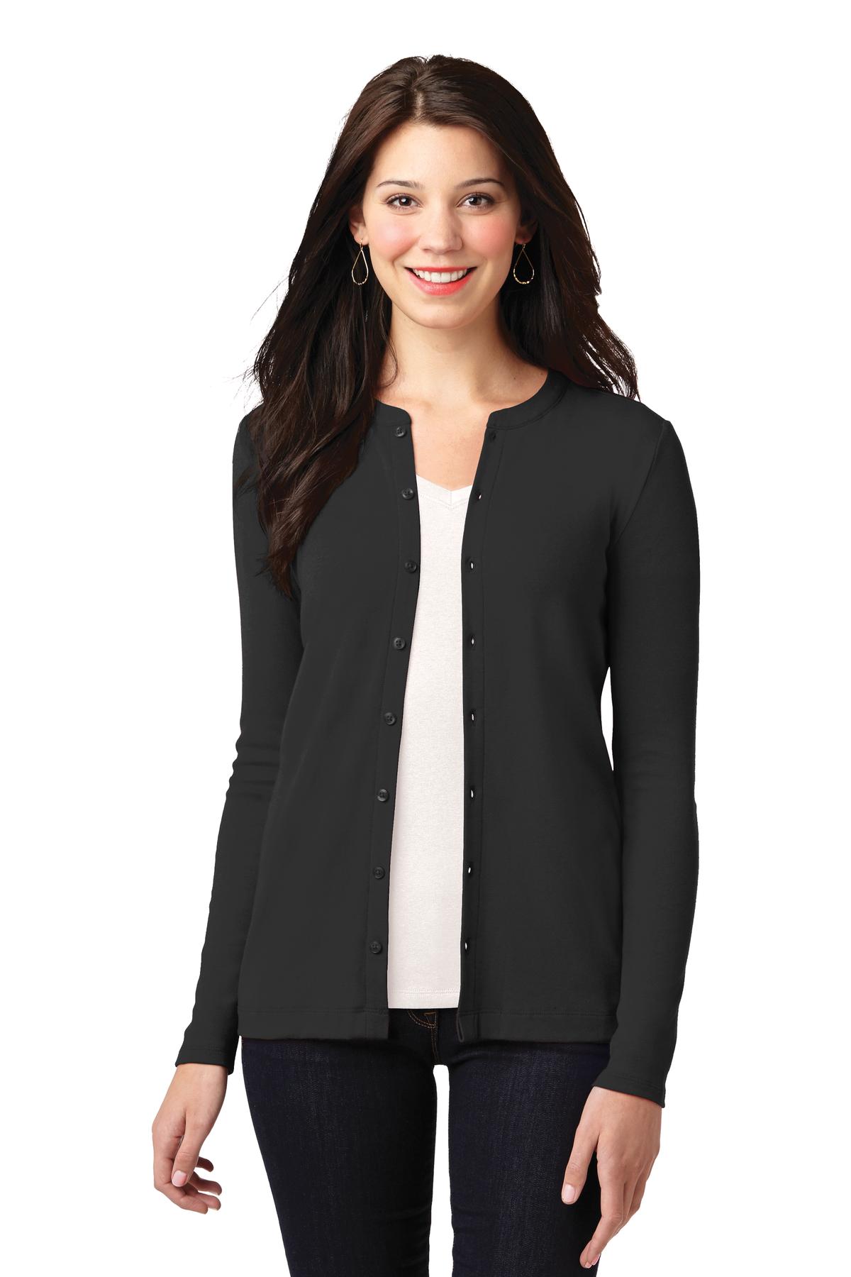 Front View of Black Port Authority Women's Concept Stretch Button-Front Cardigan. LM1008