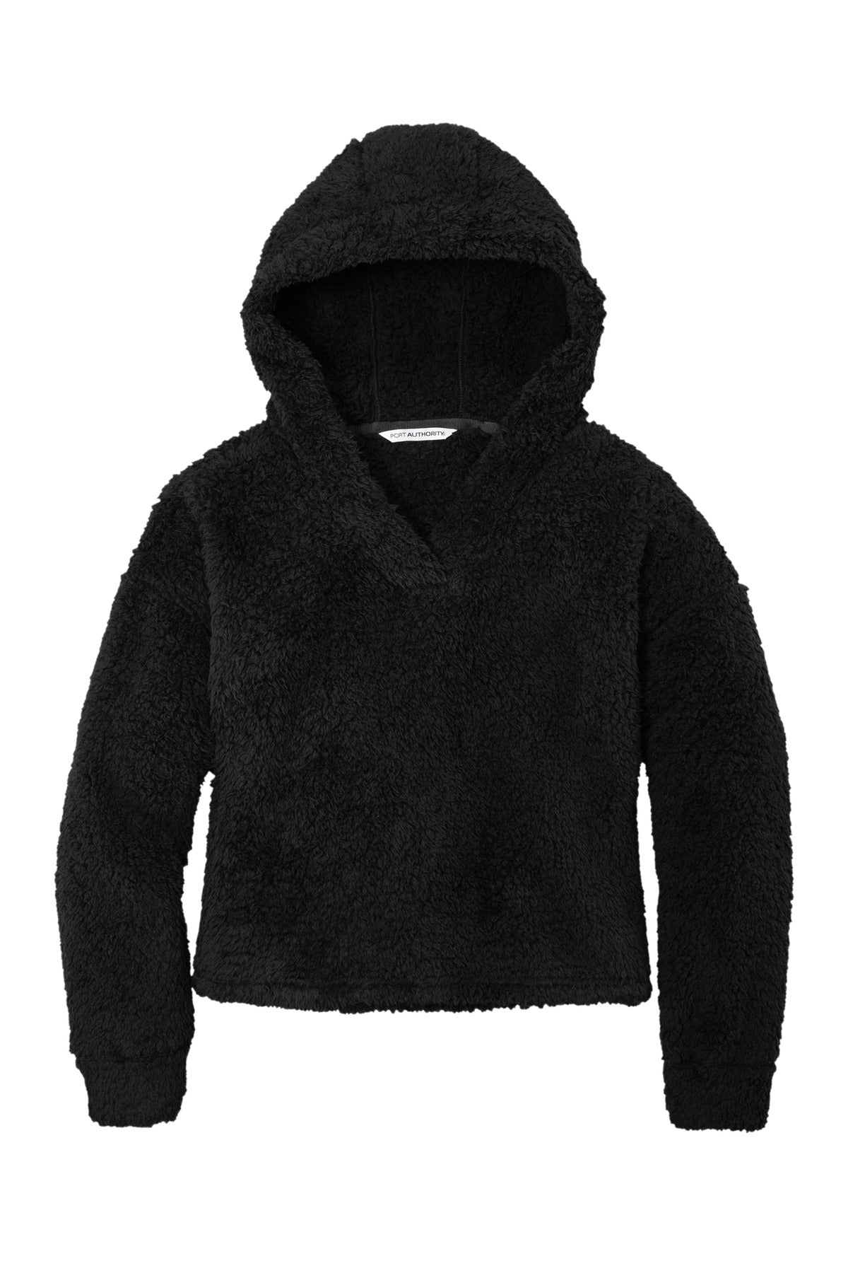 Front View of Black Port Authority Women's Cozy Fleece Hoodie. L132