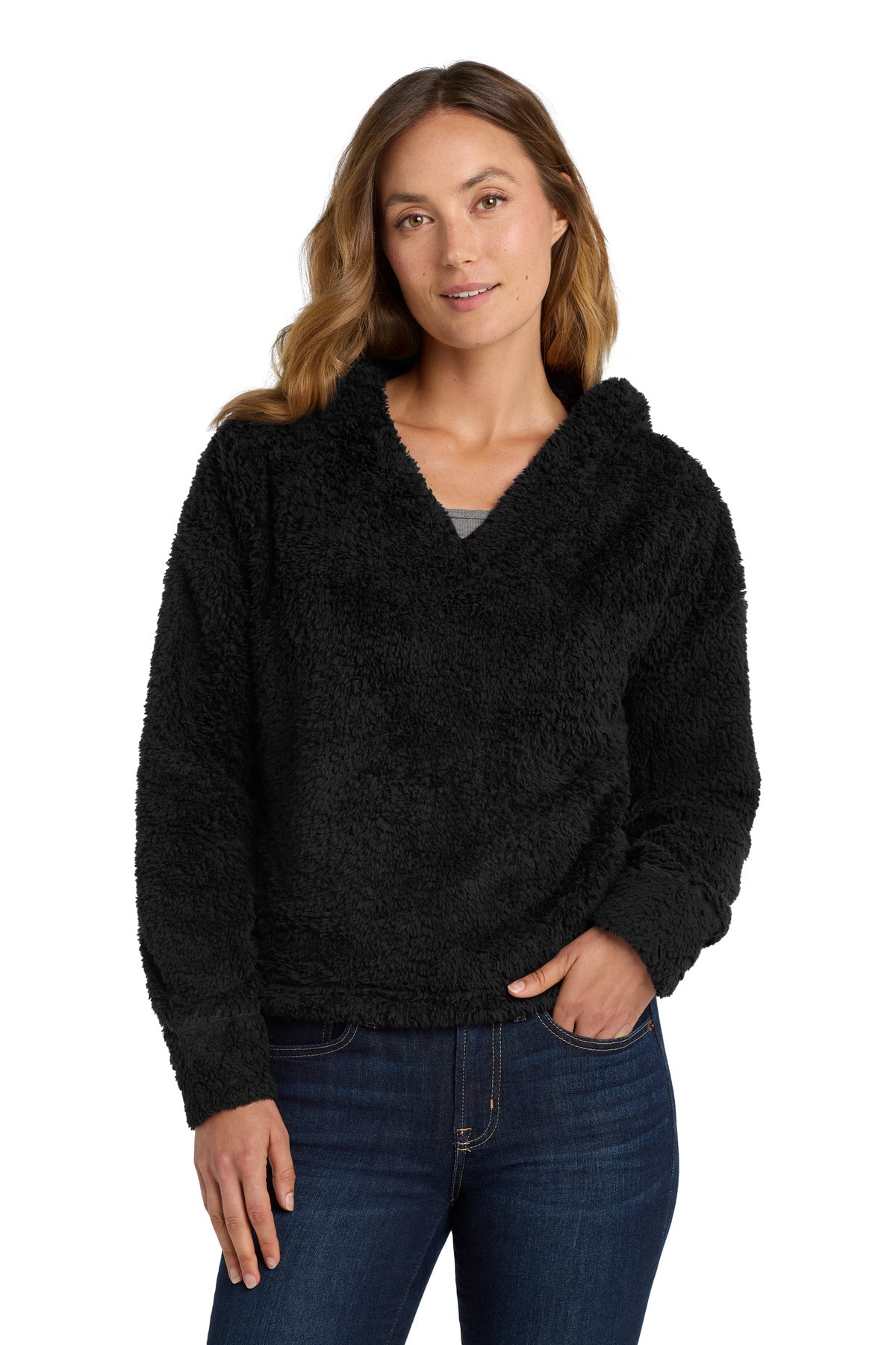 Front View of Black Port Authority Women's Cozy Fleece Hoodie. L132