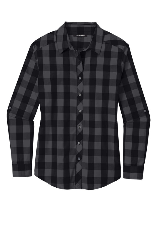 Front View of Black Port Authority Women's Everyday Plaid Shirt. LW670