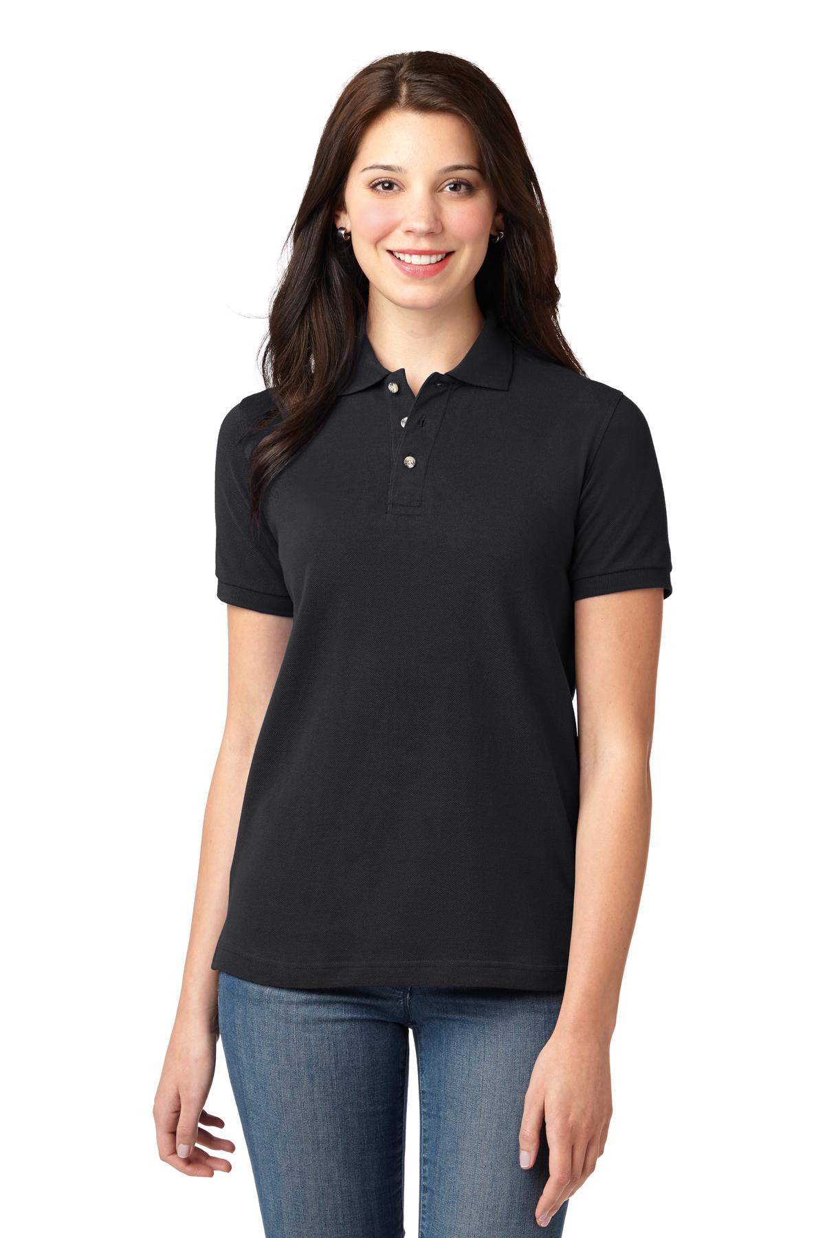 Front View of Black Port Authority Women's Heavyweight Cotton Pique Polo. L420