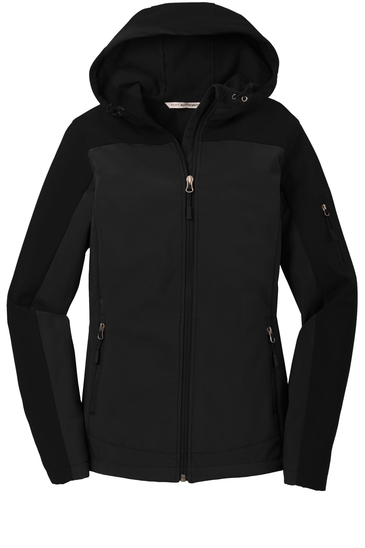 Front View of Black Port Authority Women's Hooded Core Soft Shell Jacket. L335
