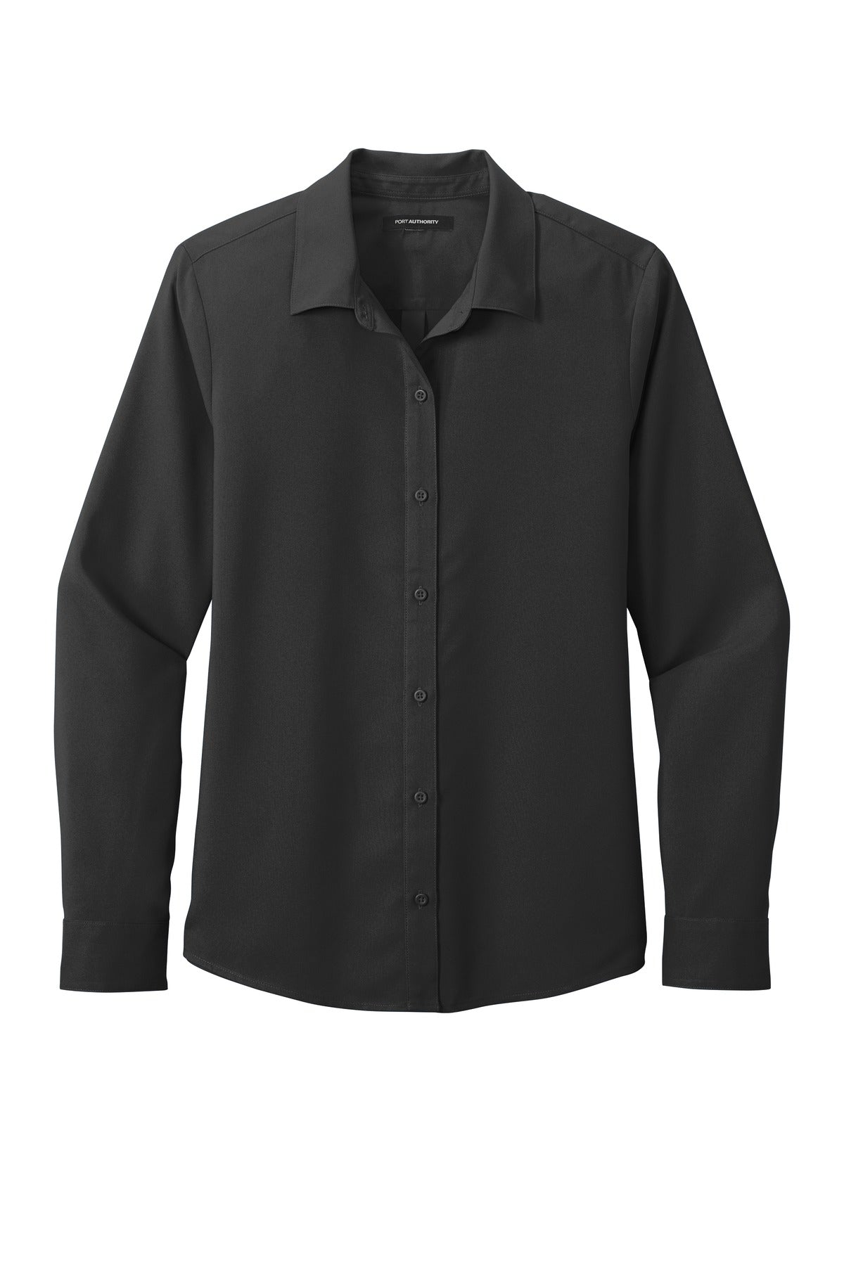 Front View of Black Port Authority Women's Long Sleeve Performance Staff Shirt LW401
