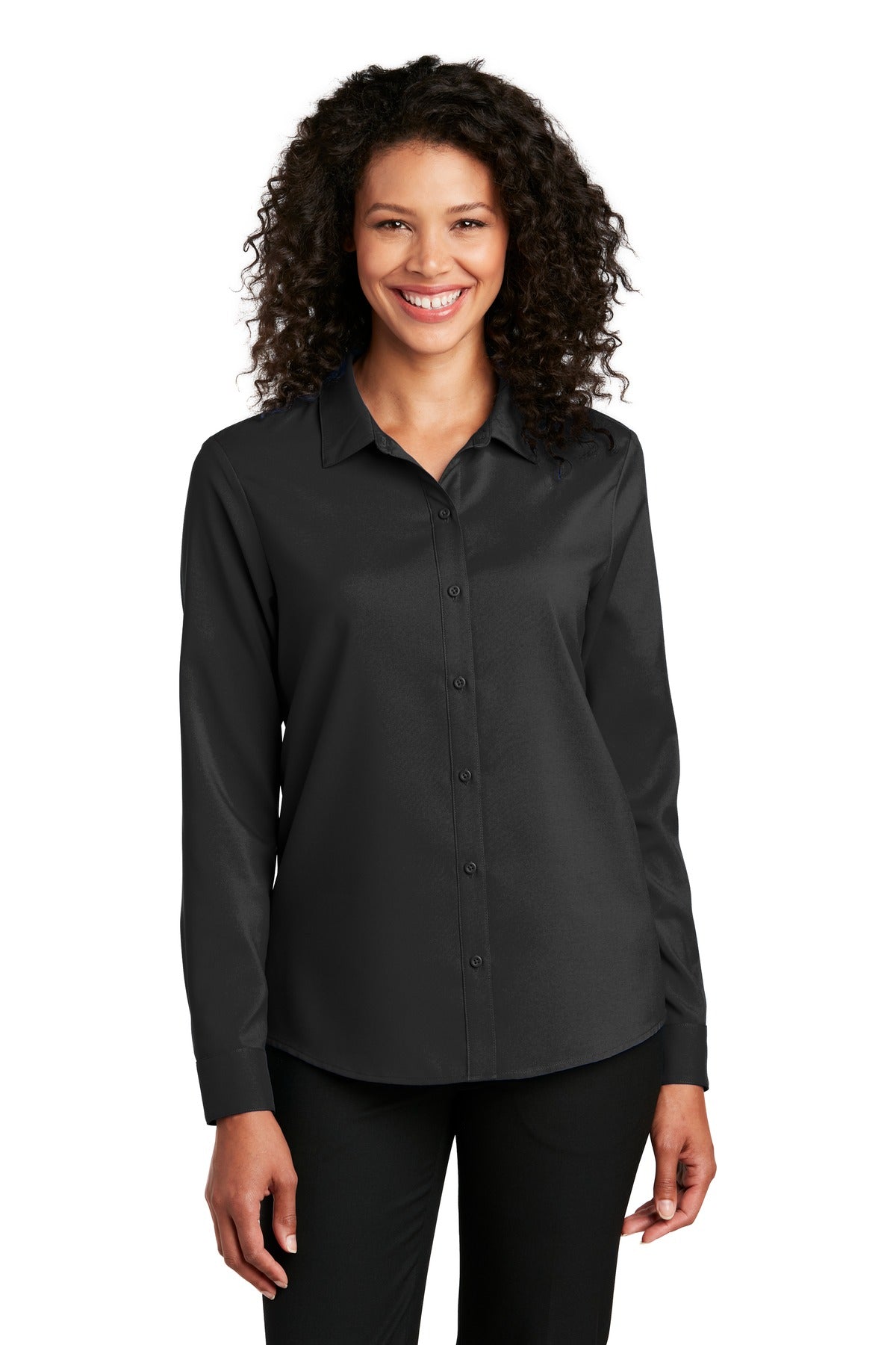 Front View of Black Port Authority Women's Long Sleeve Performance Staff Shirt LW401
