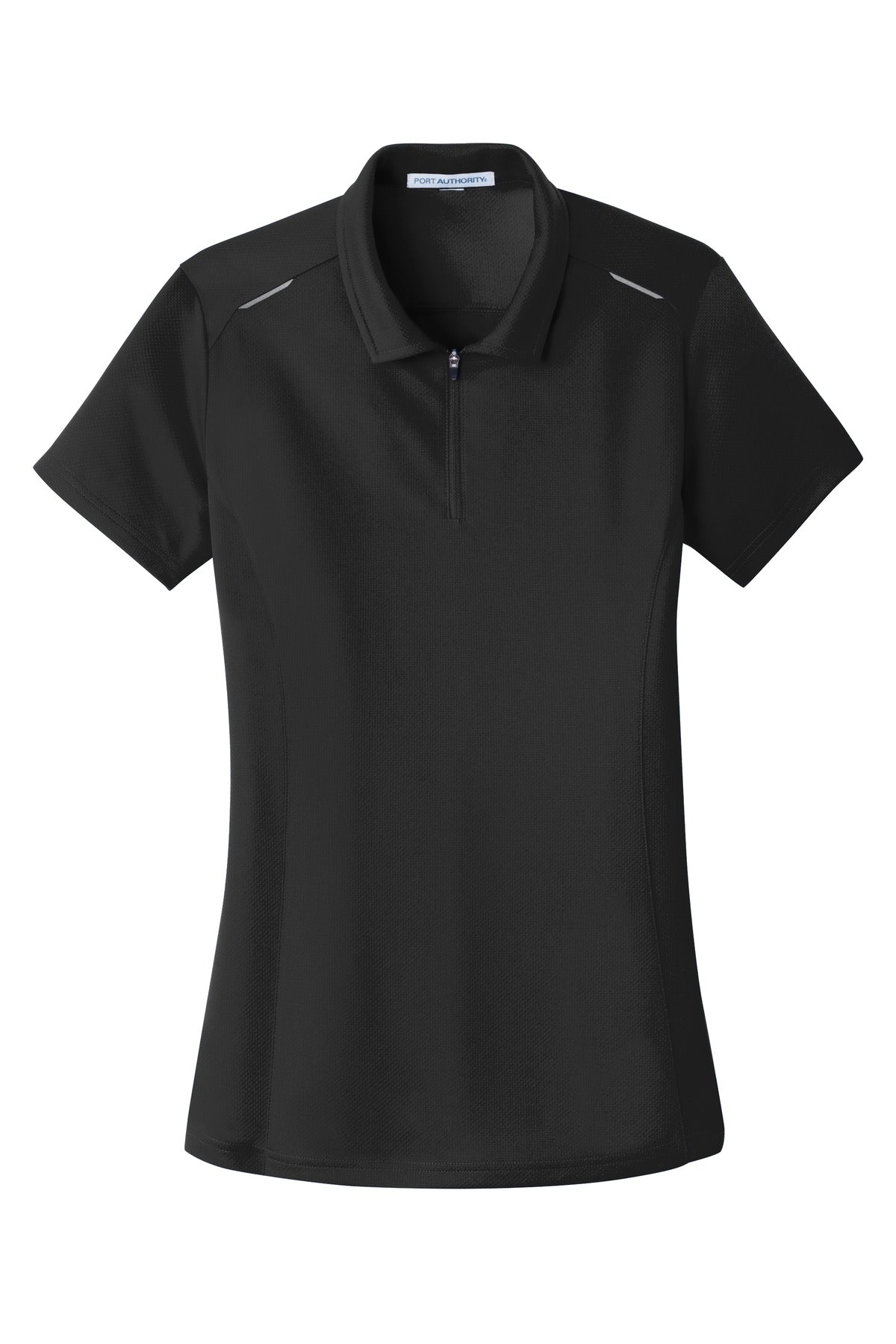 Front View of Black Port Authority Women's Pinpoint Mesh Zip Polo. L580