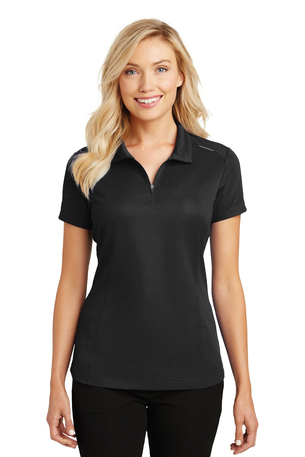 Front View of Black Port Authority Women's Pinpoint Mesh Zip Polo. L580