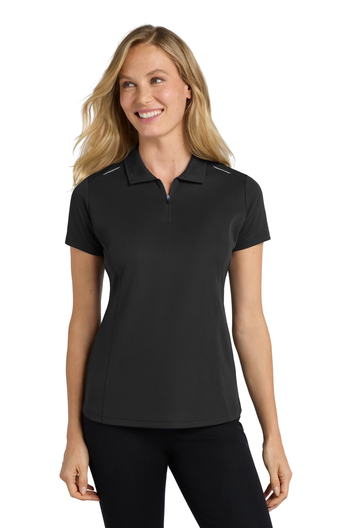 Front View of Black Port Authority Women's Pinpoint Mesh Zip Polo. L580