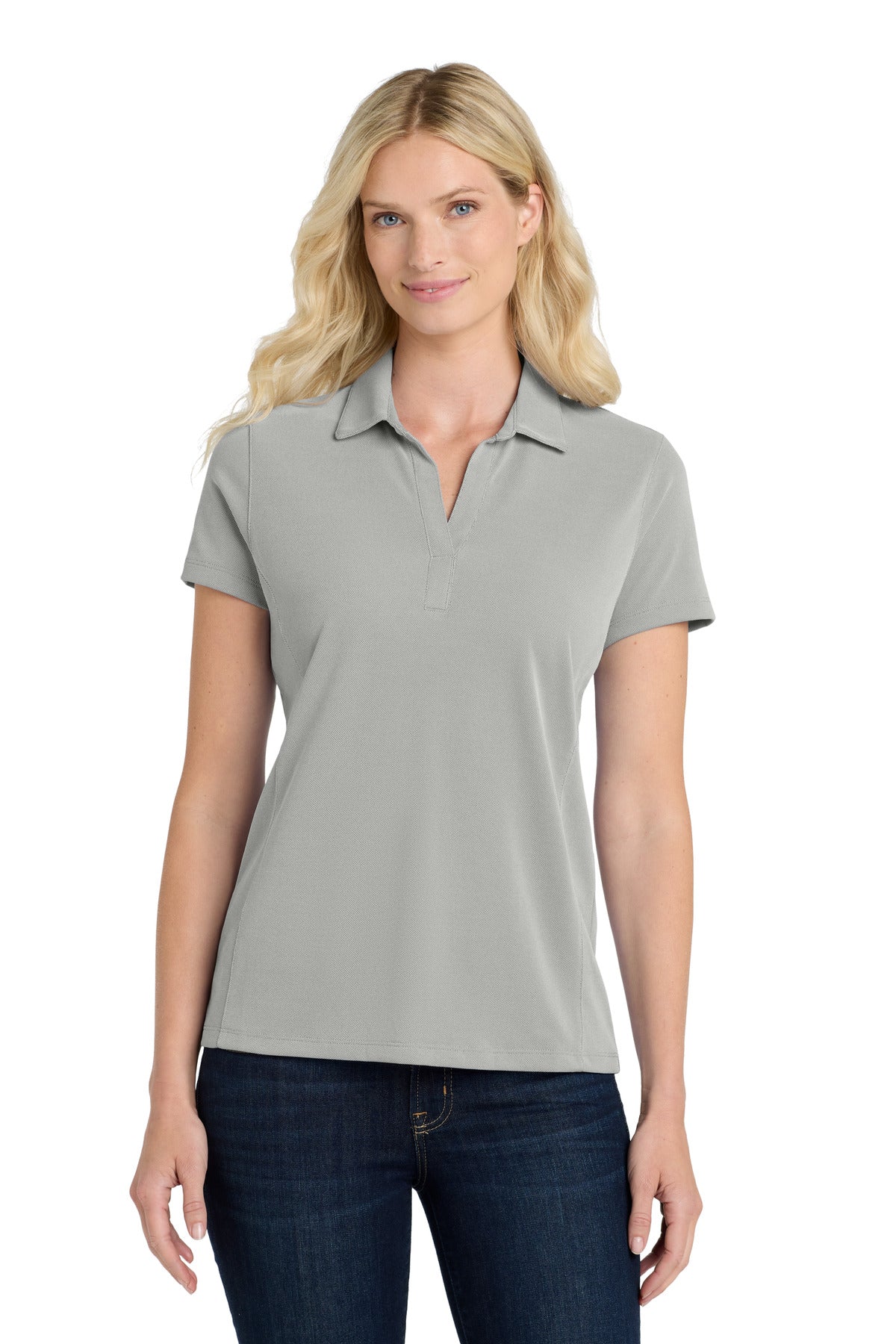 Front View of Black Port Authority Women's Poly Oxford Pique Polo. LK582