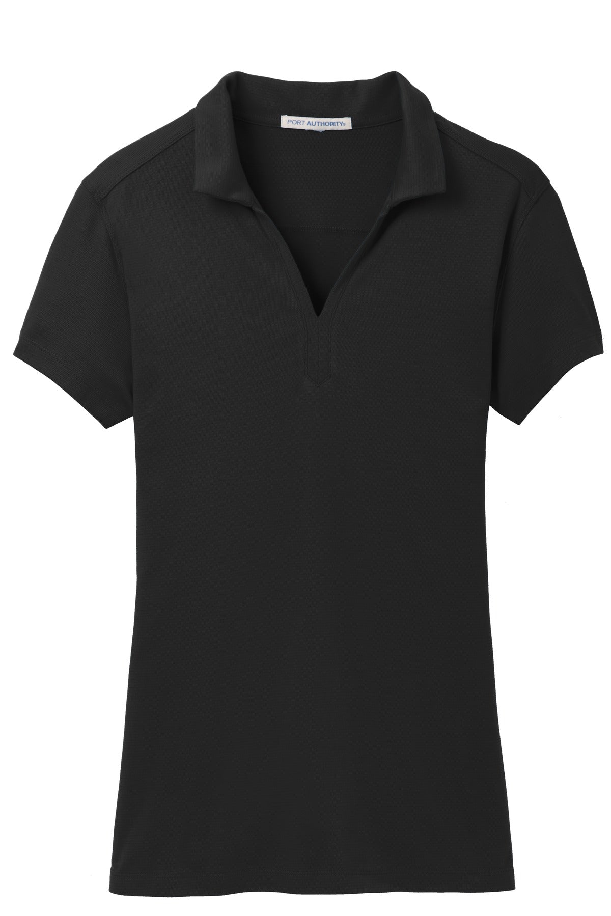 Front View of Black Port Authority Women's Rapid Dry Mesh Polo. L573