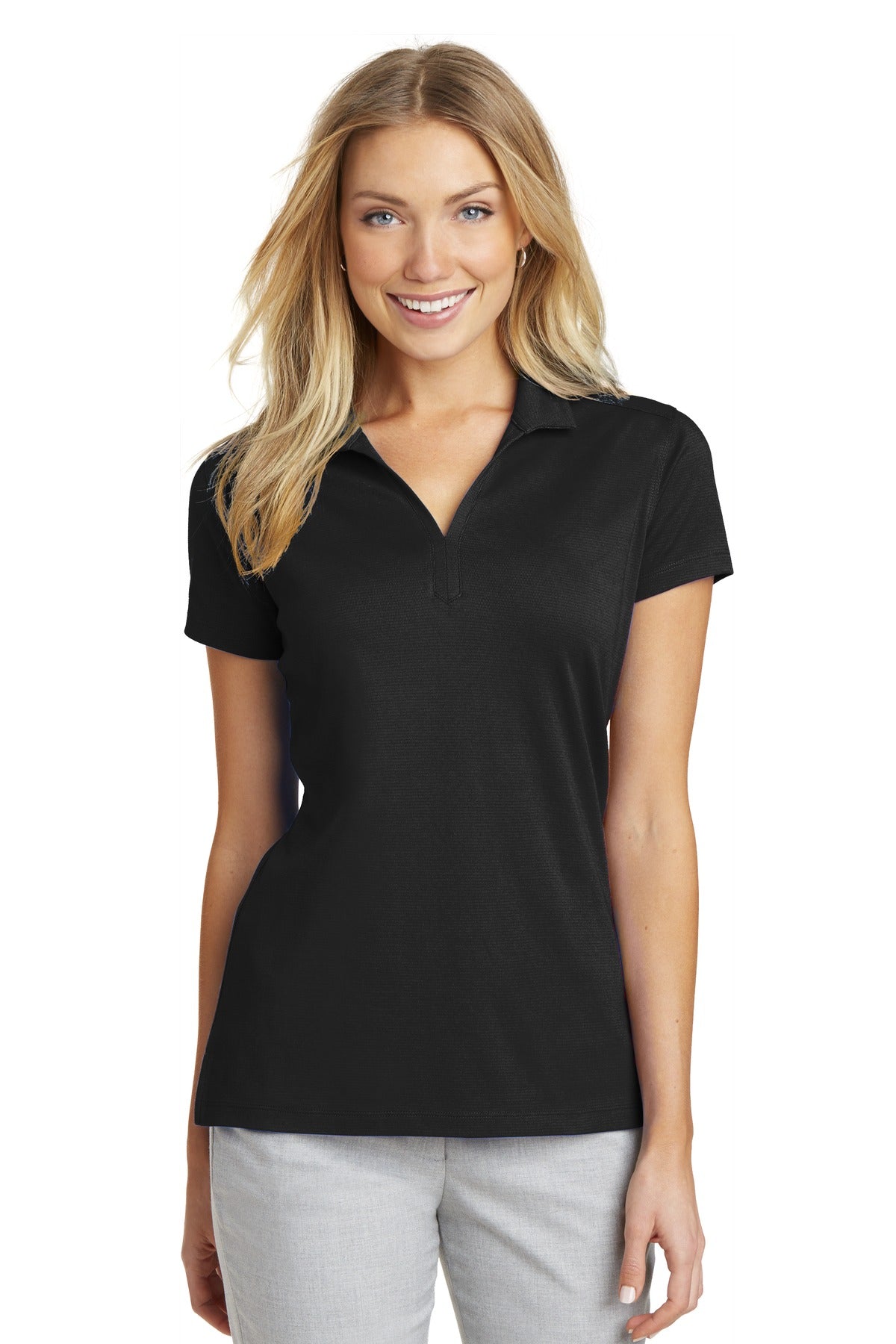 Front View of Black Port Authority Women's Rapid Dry Mesh Polo. L573