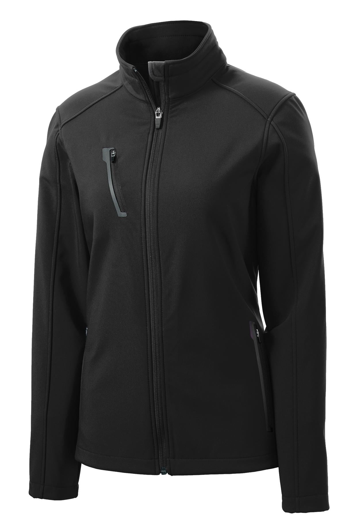 Front View of Black Port Authority Women's Welded Soft Shell Jacket. L324