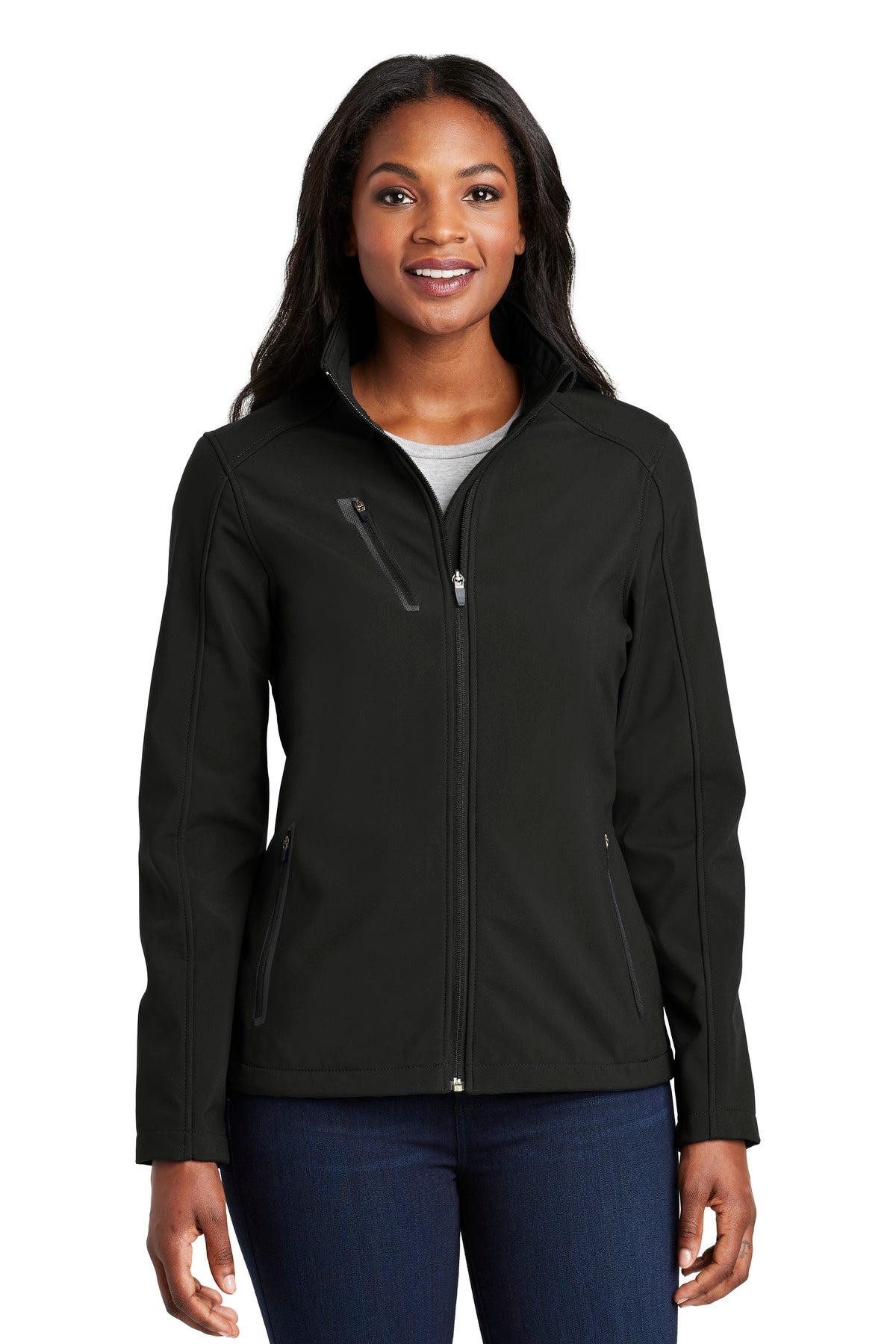 Front View of Black Port Authority Women's Welded Soft Shell Jacket. L324