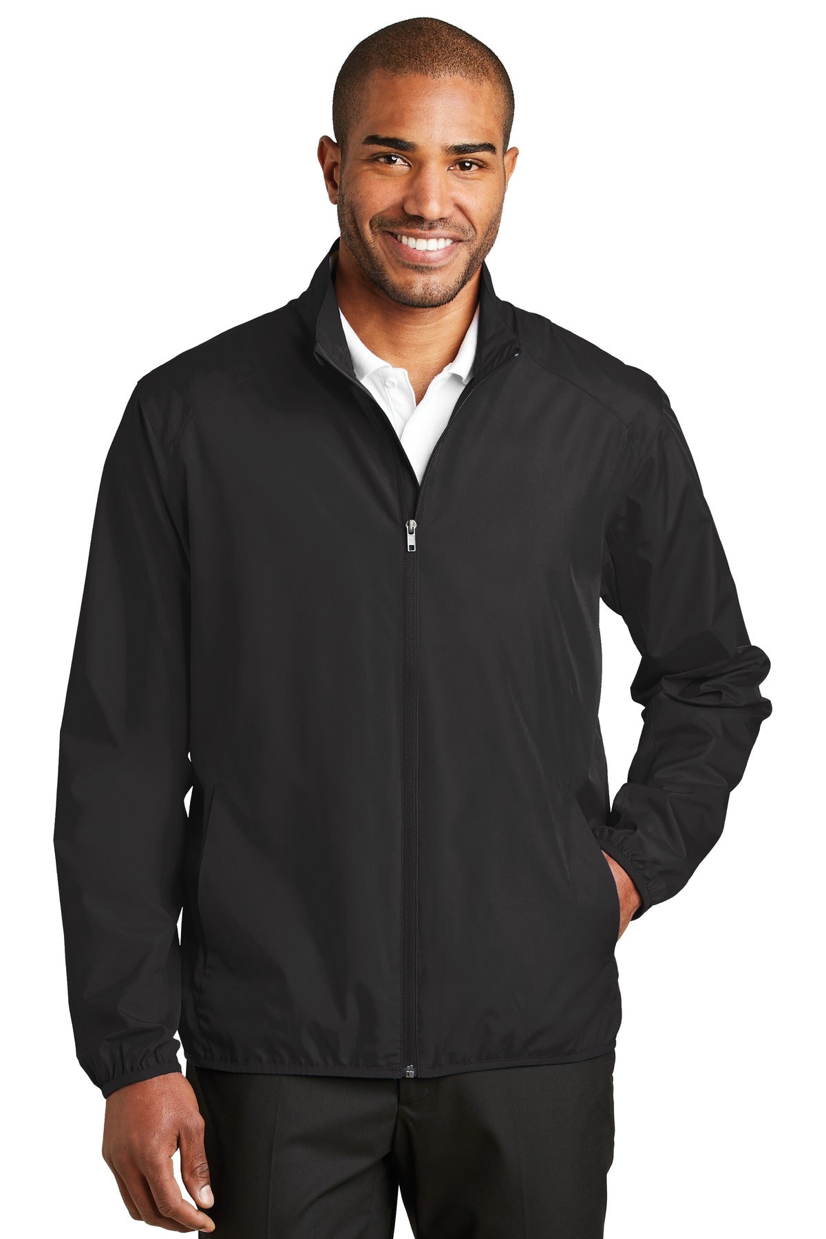 Front View of Black Port Authority Zephyr Full-Zip Jacket. J344