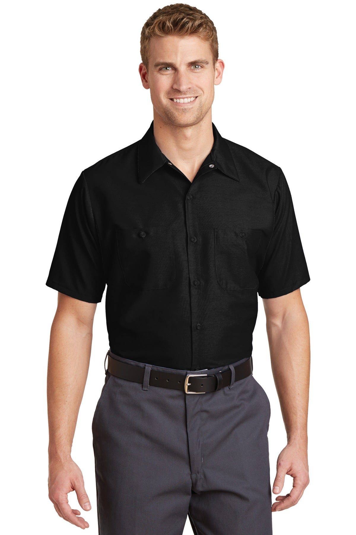 Front View of Black Red Kap Long Size, Short Sleeve Industrial Work Shirt. SP24LONG