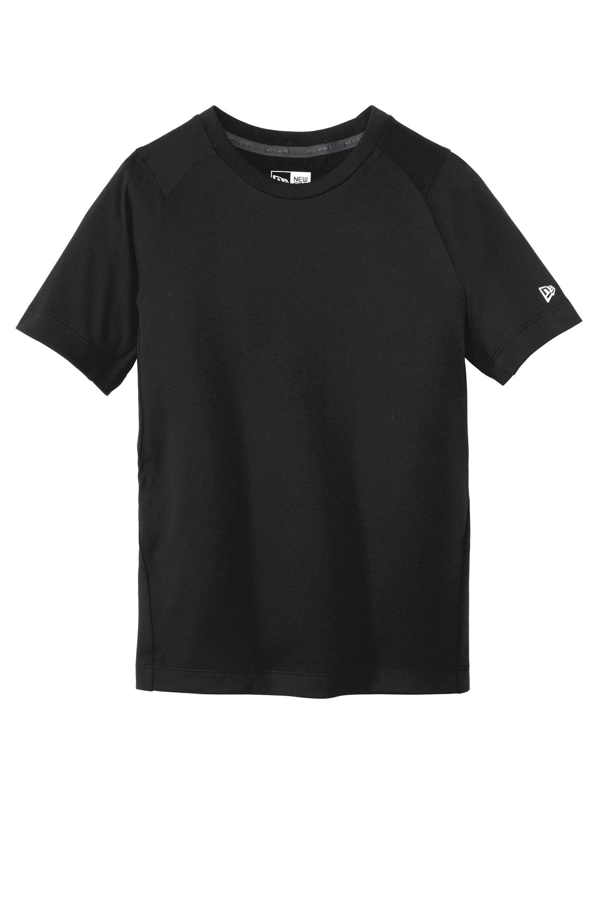 Front View of Black Solid New Era Youth Series Performance Crew Tee. YNEA200