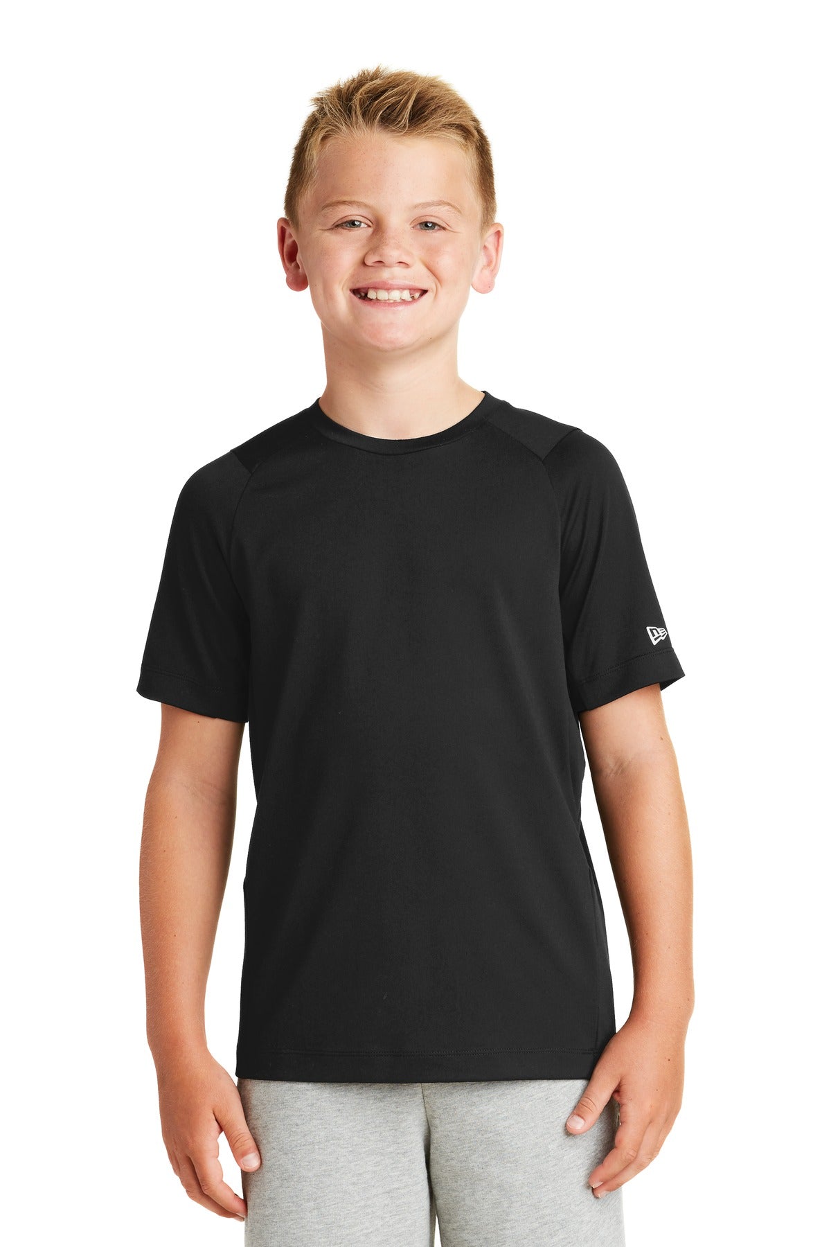 Front View of Black Solid New Era Youth Series Performance Crew Tee. YNEA200