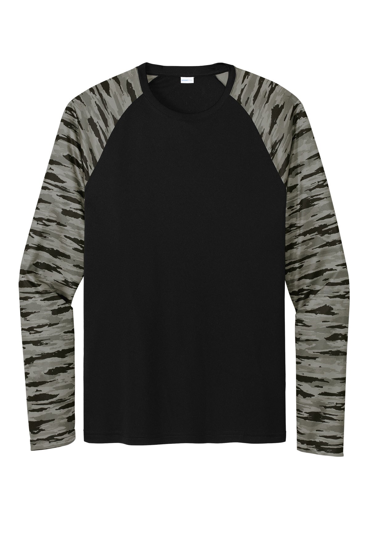 Front View of Black Sport-Tek Drift Camo Colorblock Long Sleeve Tee ST376LS