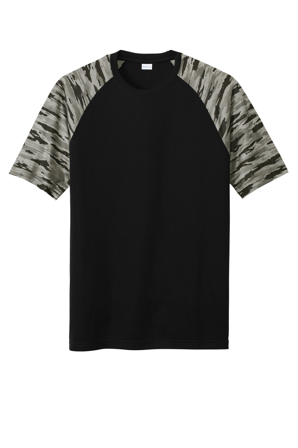 Front View of Black Sport-Tek Drift Camo Colorblock Tee ST376