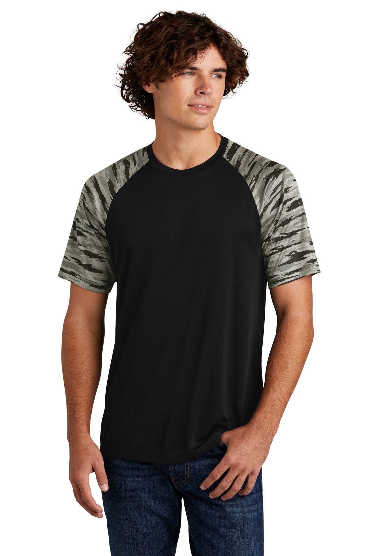 Front View of Black Sport-Tek Drift Camo Colorblock Tee ST376