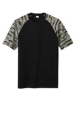 Front View of Black Sport-Tek Drift Camo Colorblock Tee ST376