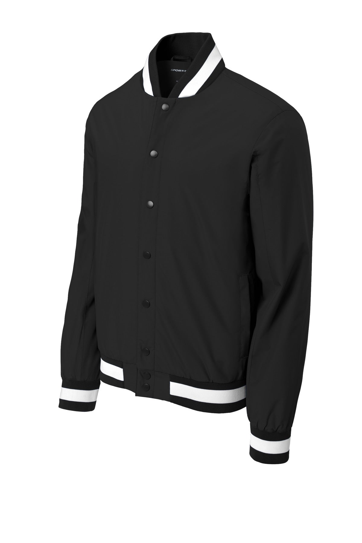 Front View of Black Sport-Tek Insulated Varsity Jacket JST58
