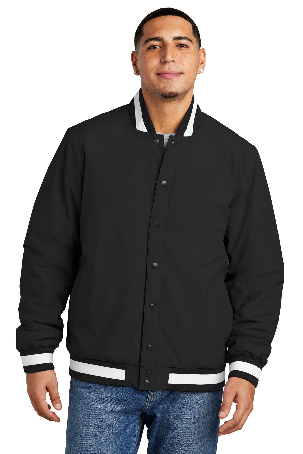 Front View of Black Sport-Tek Insulated Varsity Jacket JST58