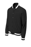 Front View of Black Sport-Tek Insulated Varsity Jacket JST58
