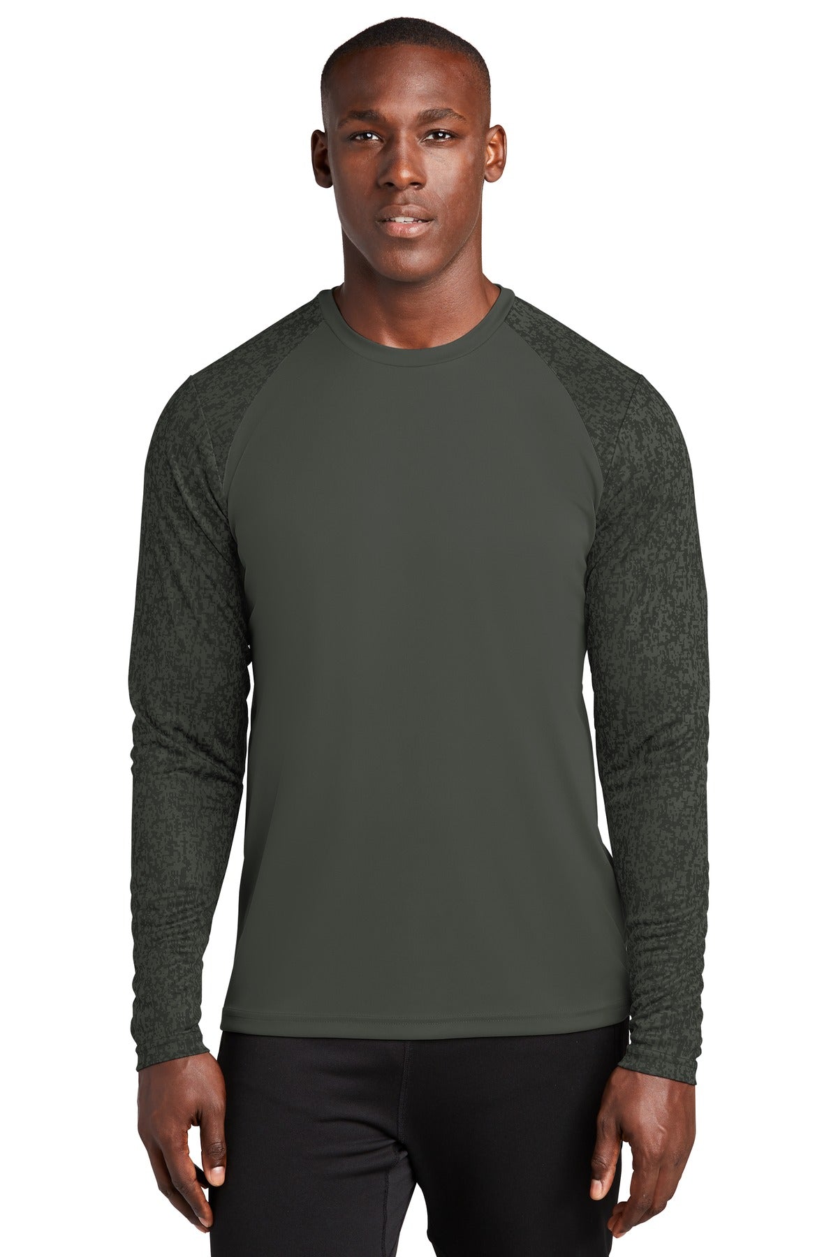 Front View of Black Sport-Tek Long Sleeve Digi Camo Tee. ST460LS