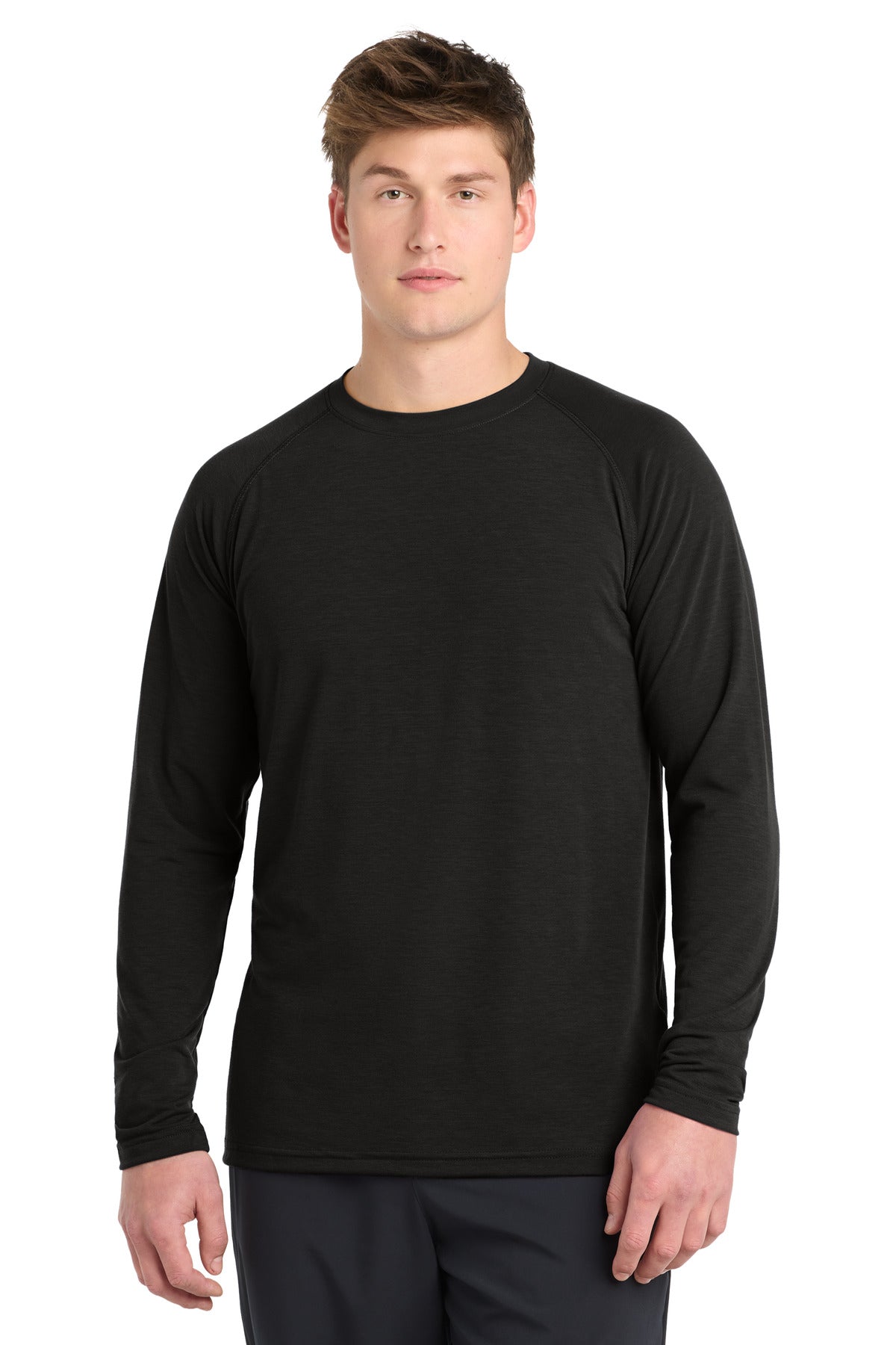 Front View of Black Sport-Tek Long Sleeve Ultimate Performance Crew. ST700LS
