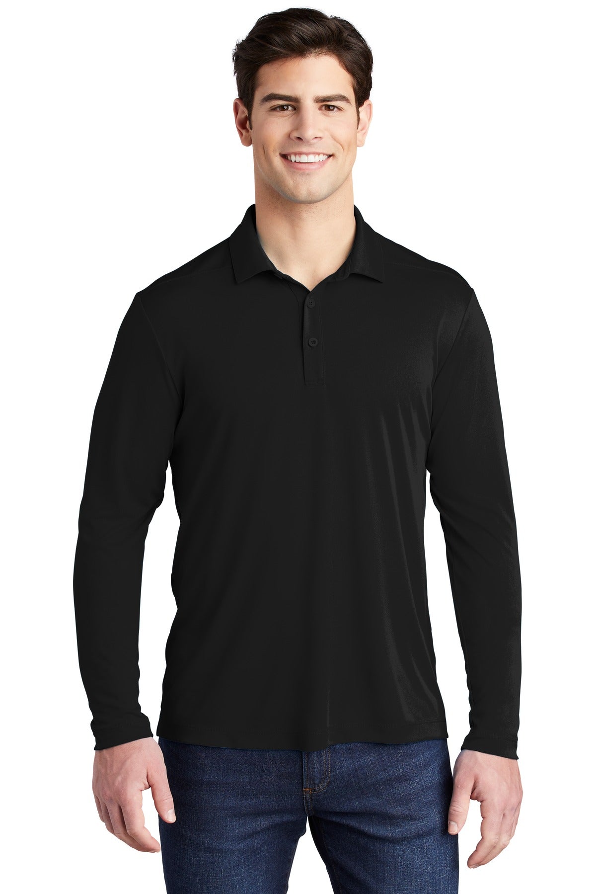 Front View of Black Sport-Tek Posi-UV Pro Long Sleeve Polo. ST520LS