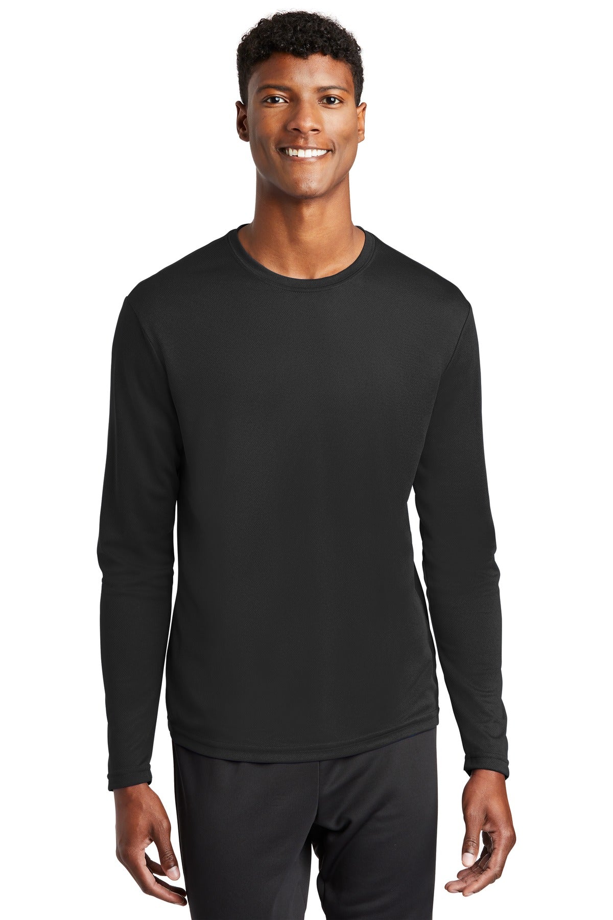 Front View of Black Sport-Tek PosiCharge RacerMesh Long Sleeve Tee. ST340LS