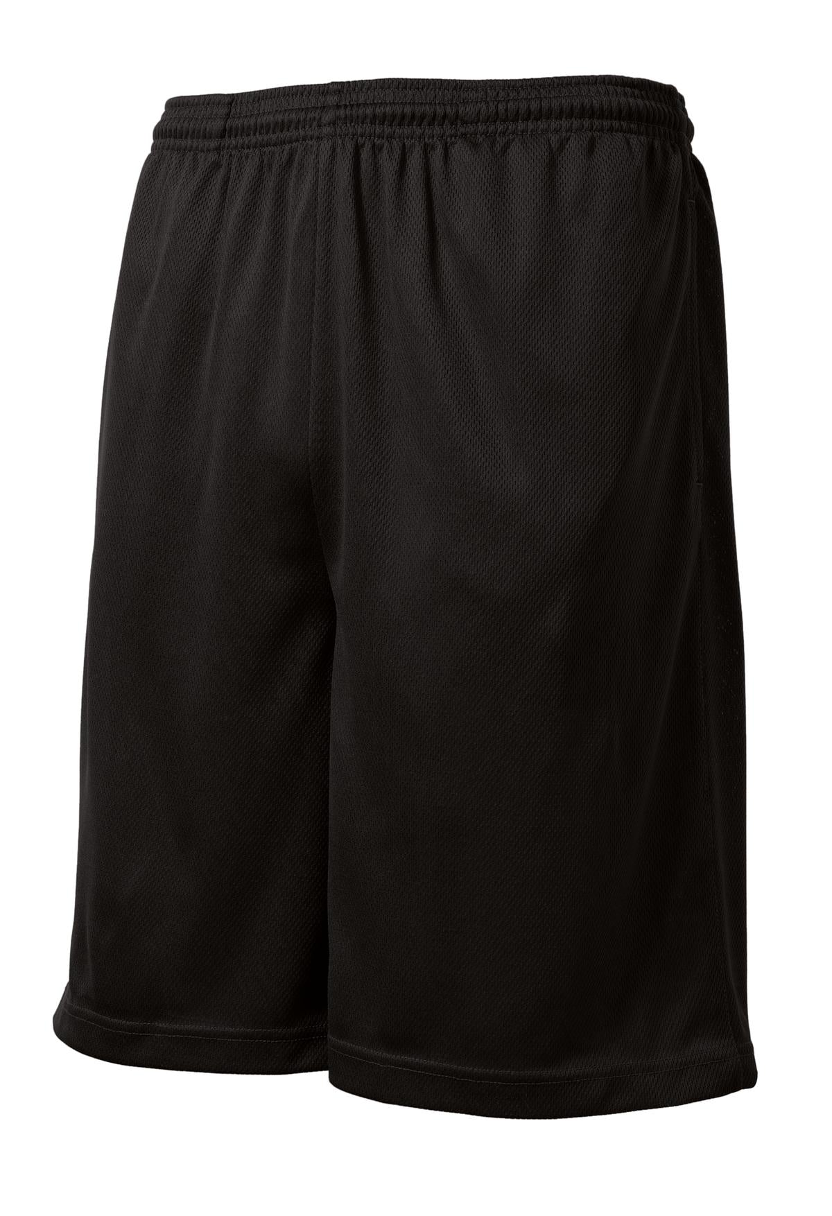 Front View of Black Sport-Tek PosiCharge Tough Mesh Pocket Short. ST312