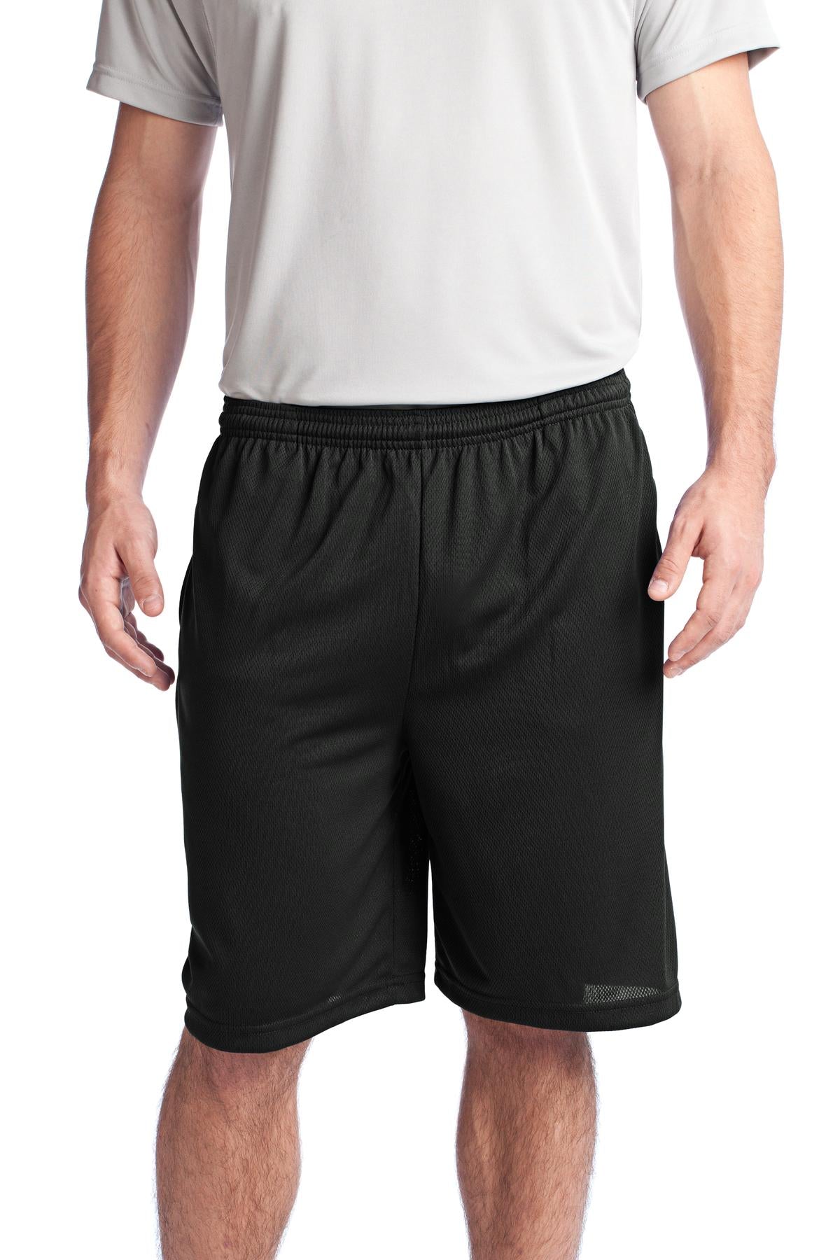 Front View of Black Sport-Tek PosiCharge Tough Mesh Pocket Short. ST312