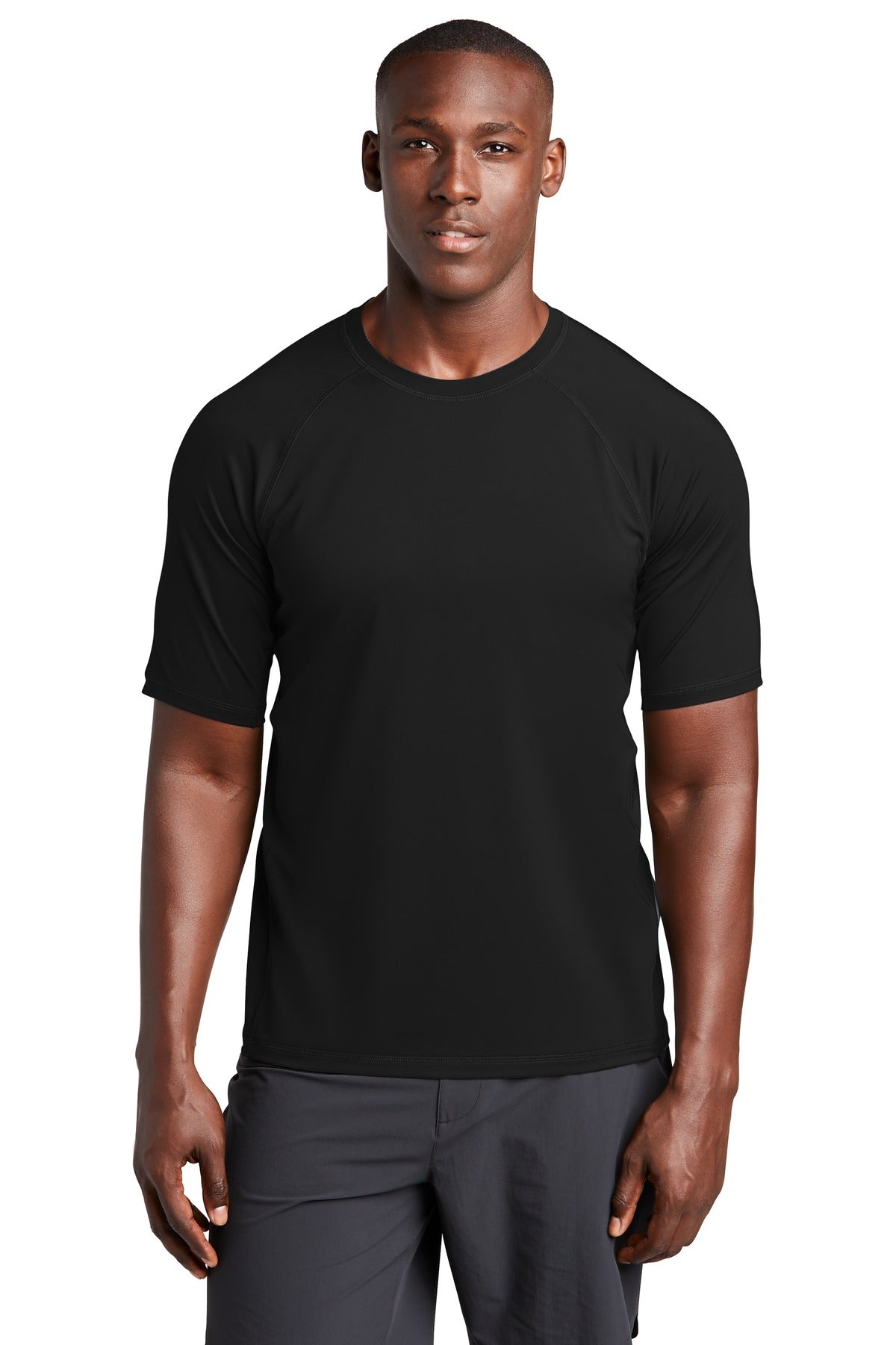 Front View of Black Sport-Tek Rashguard Tee. ST470