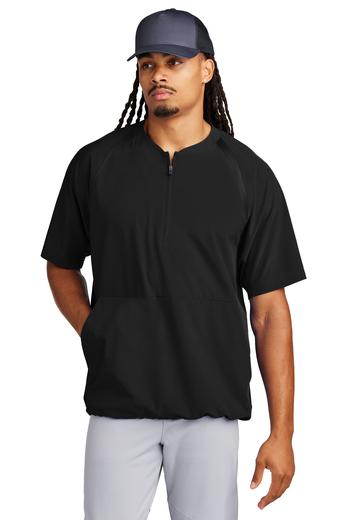 Front View of Black Sport-Tek Repeat 1/2-Zip Short Sleeve Jacket JST489
