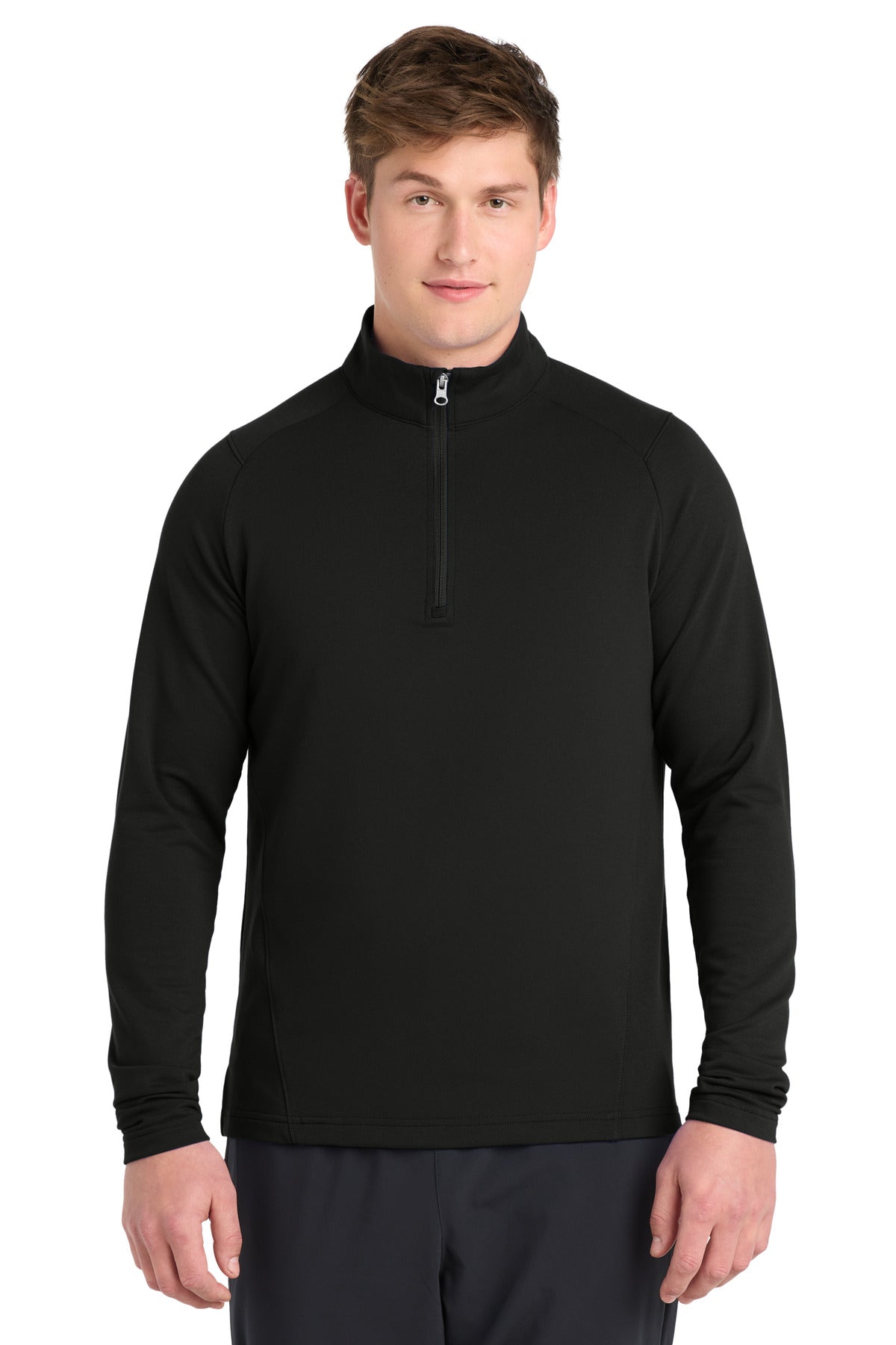 Front View of Black Sport-Tek Sport-Wick Flex Fleece 1/4-Zip. ST561