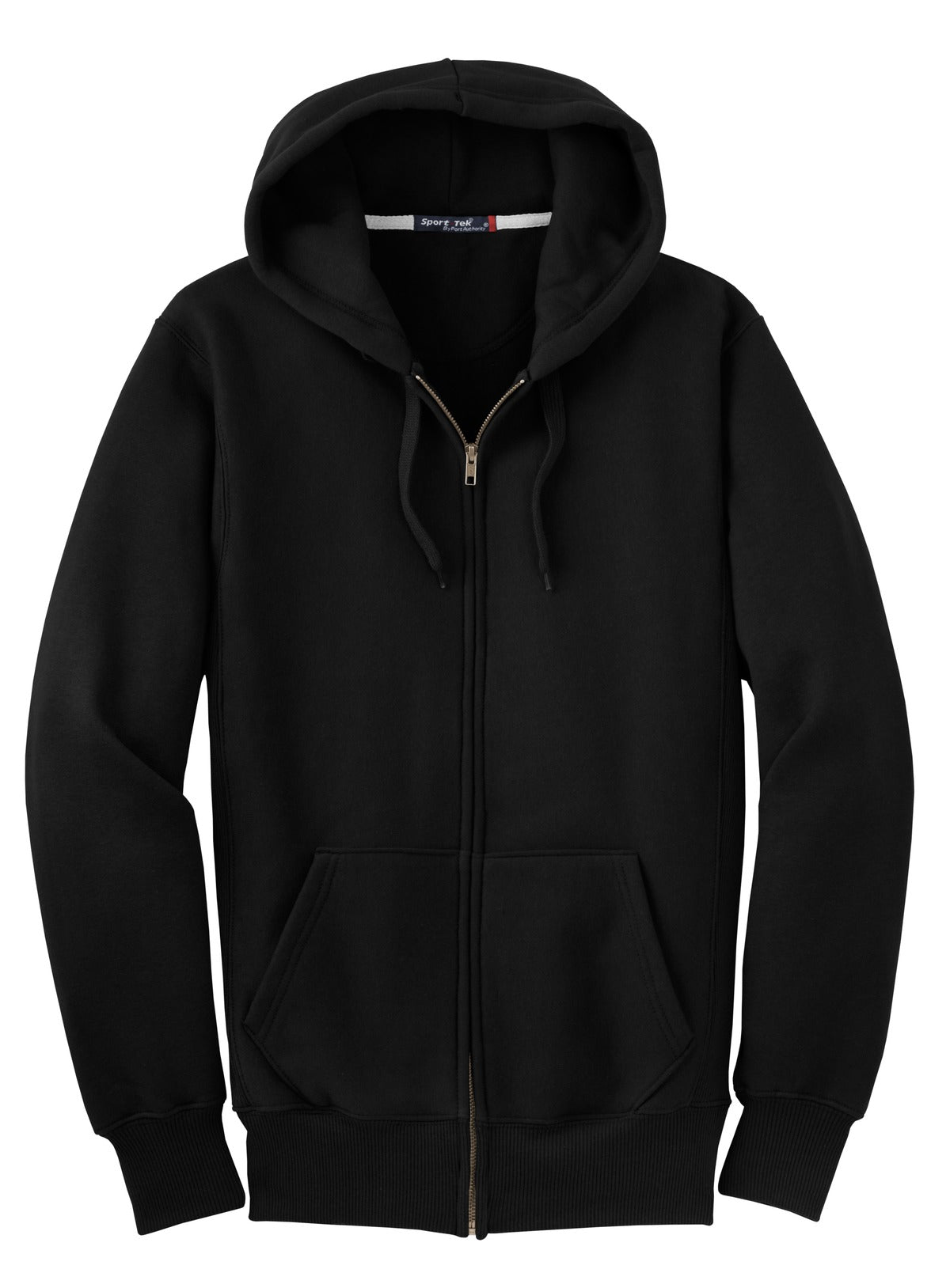 Front View of Black Sport-Tek Super Heavyweight Full-Zip Hooded Sweatshirt. F282