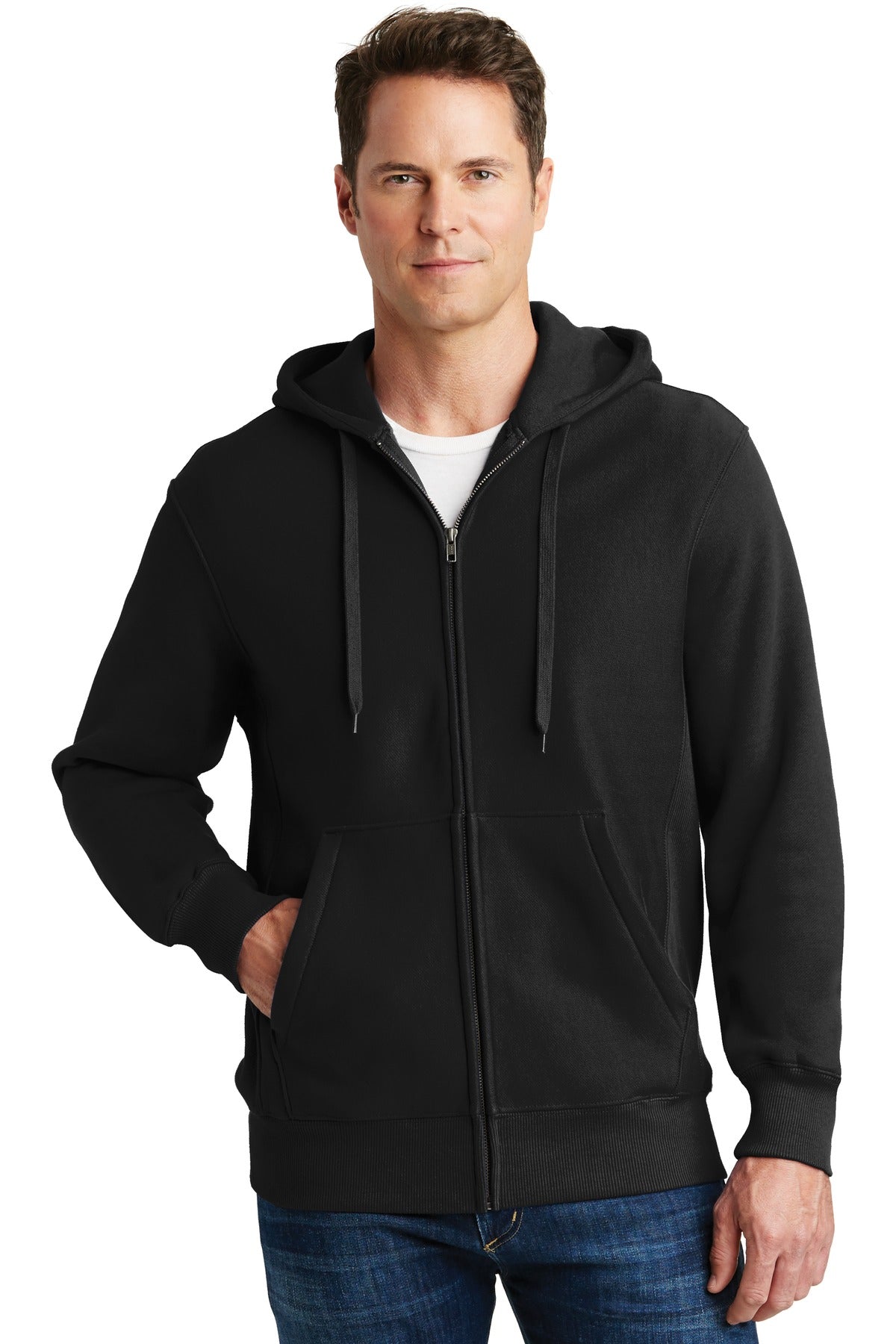 Front View of Black Sport-Tek Super Heavyweight Full-Zip Hooded Sweatshirt. F282