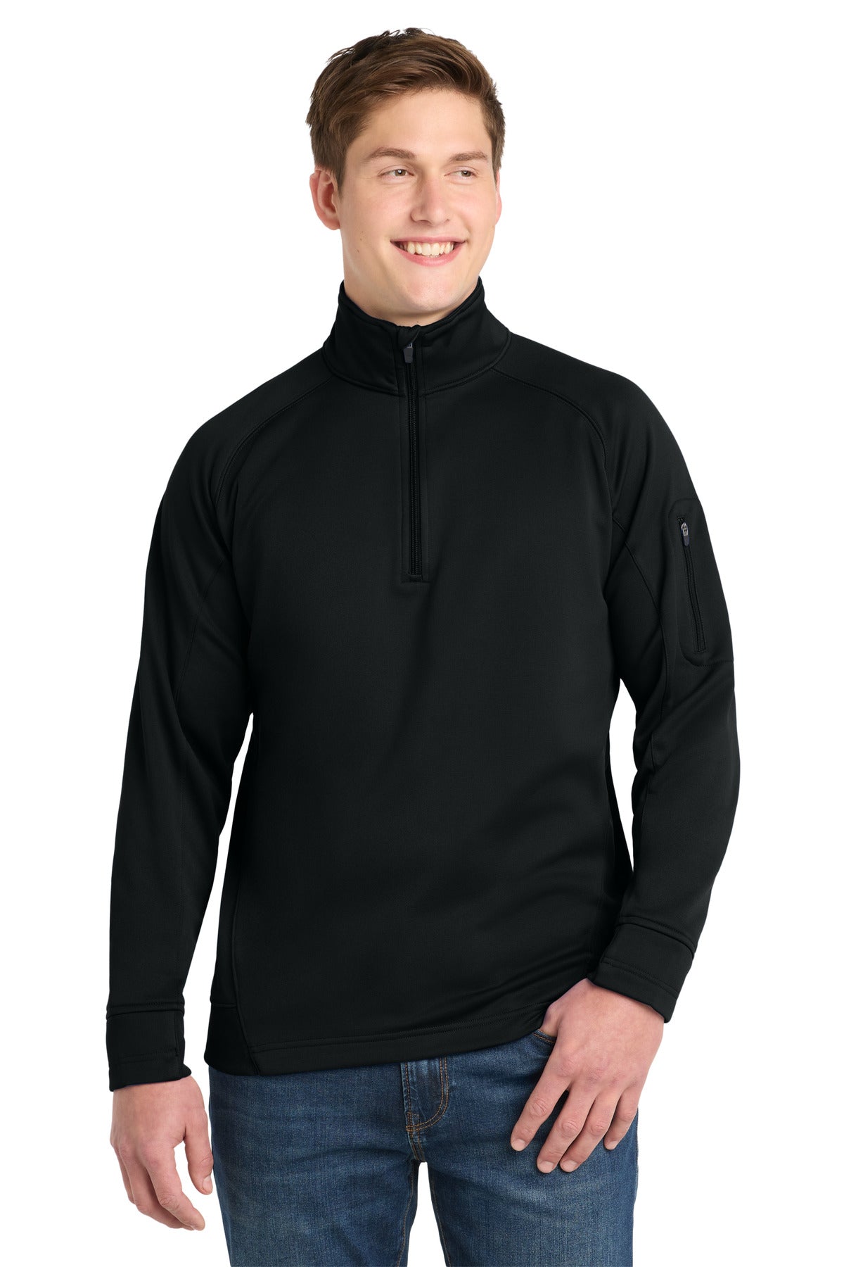 Front View of Black Sport-Tek Tech Fleece 1/4-Zip Pullover. F247