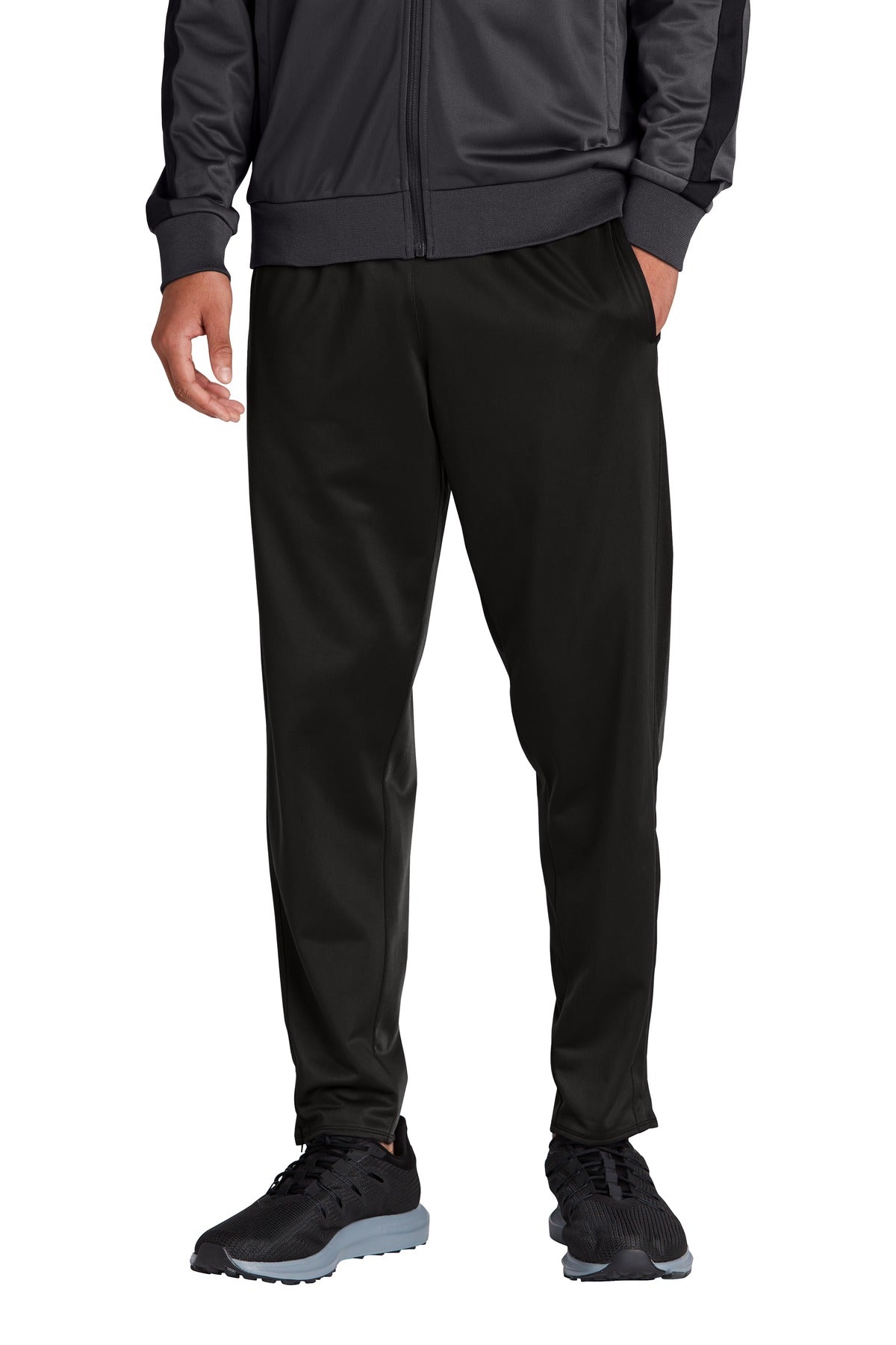 Front View of Black Sport-Tek Tricot Track Jogger. PST95