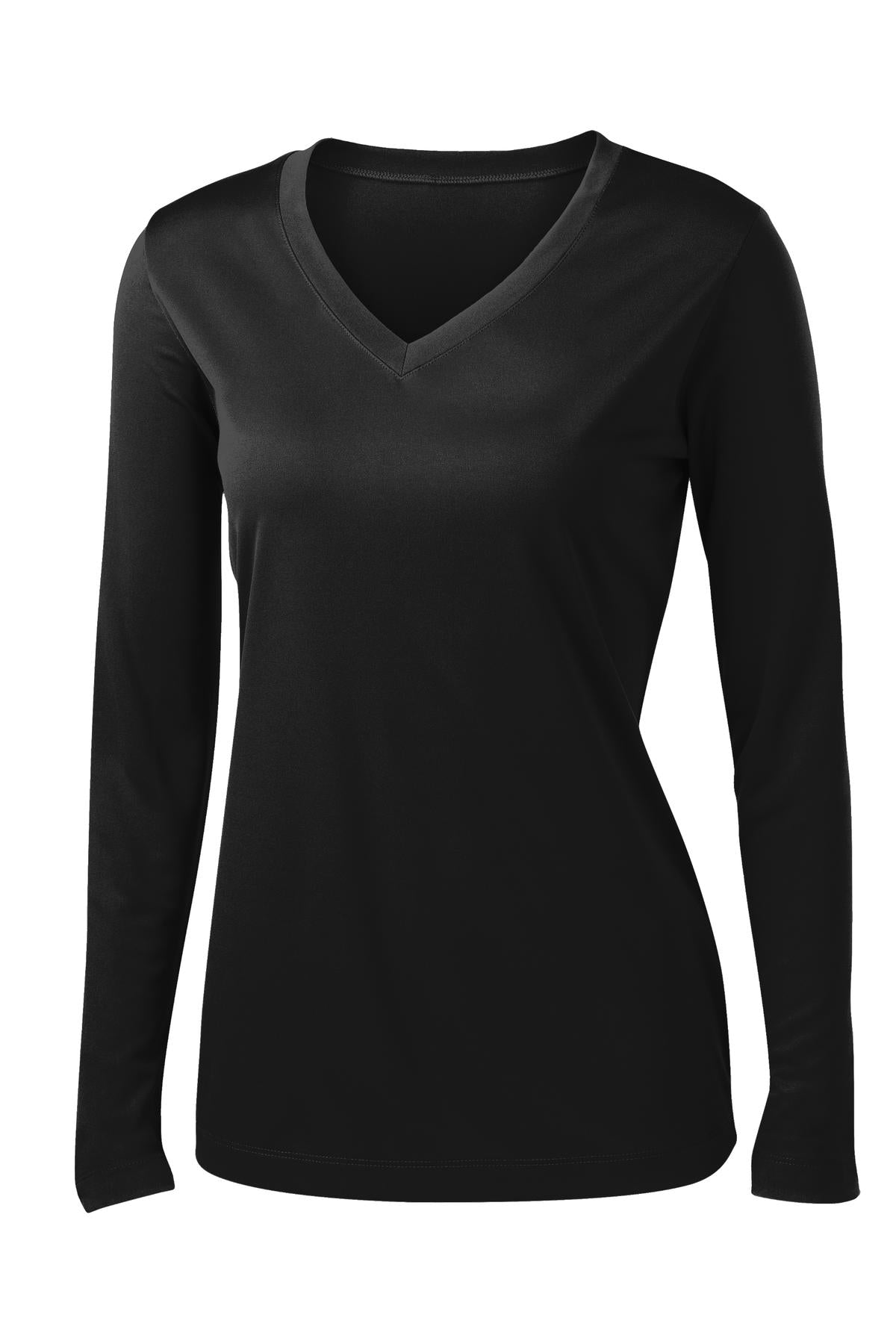 Front View of Black Sport-Tek Women's Long Sleeve PosiCharge Competitor V-Neck Tee. LST353LS