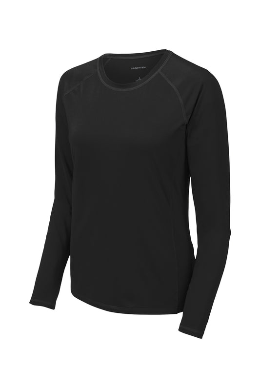 Front View of Black Sport-Tek Women's Long Sleeve Rashguard Tee. LST470LS