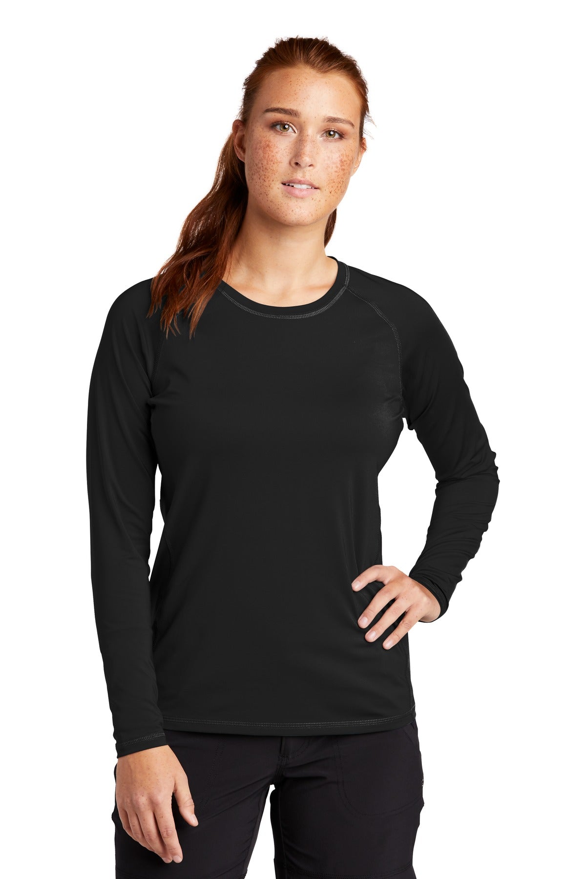 Front View of Black Sport-Tek Women's Long Sleeve Rashguard Tee. LST470LS