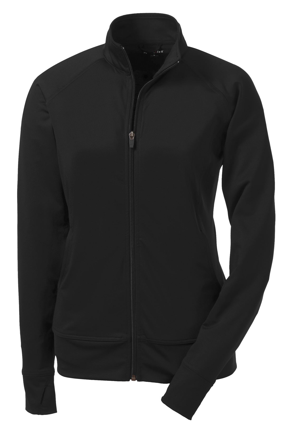 Front View of Black Sport-Tek® Women's NRG Fitness Jacket. LST885