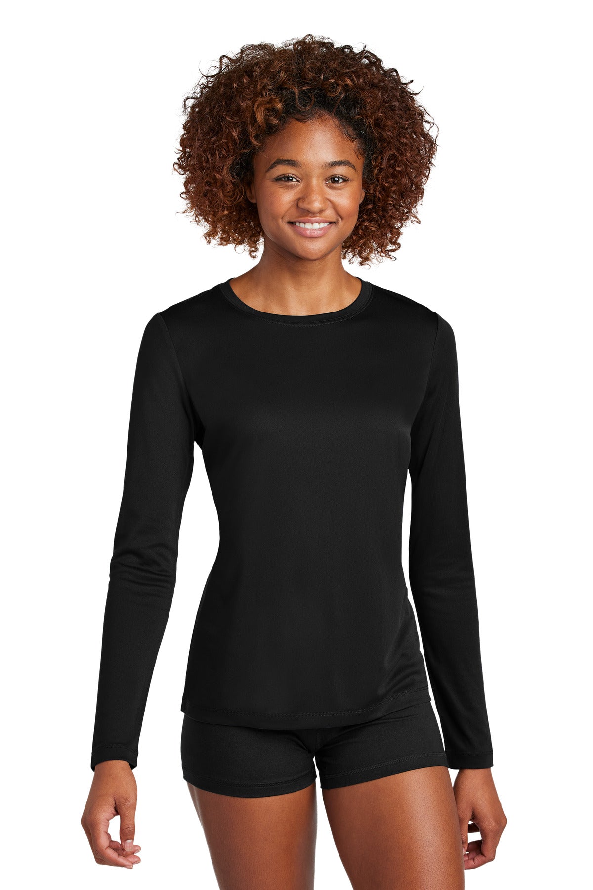 Front View of Black Sport-Tek Women's Posi-UV Pro Long Sleeve LST420LS