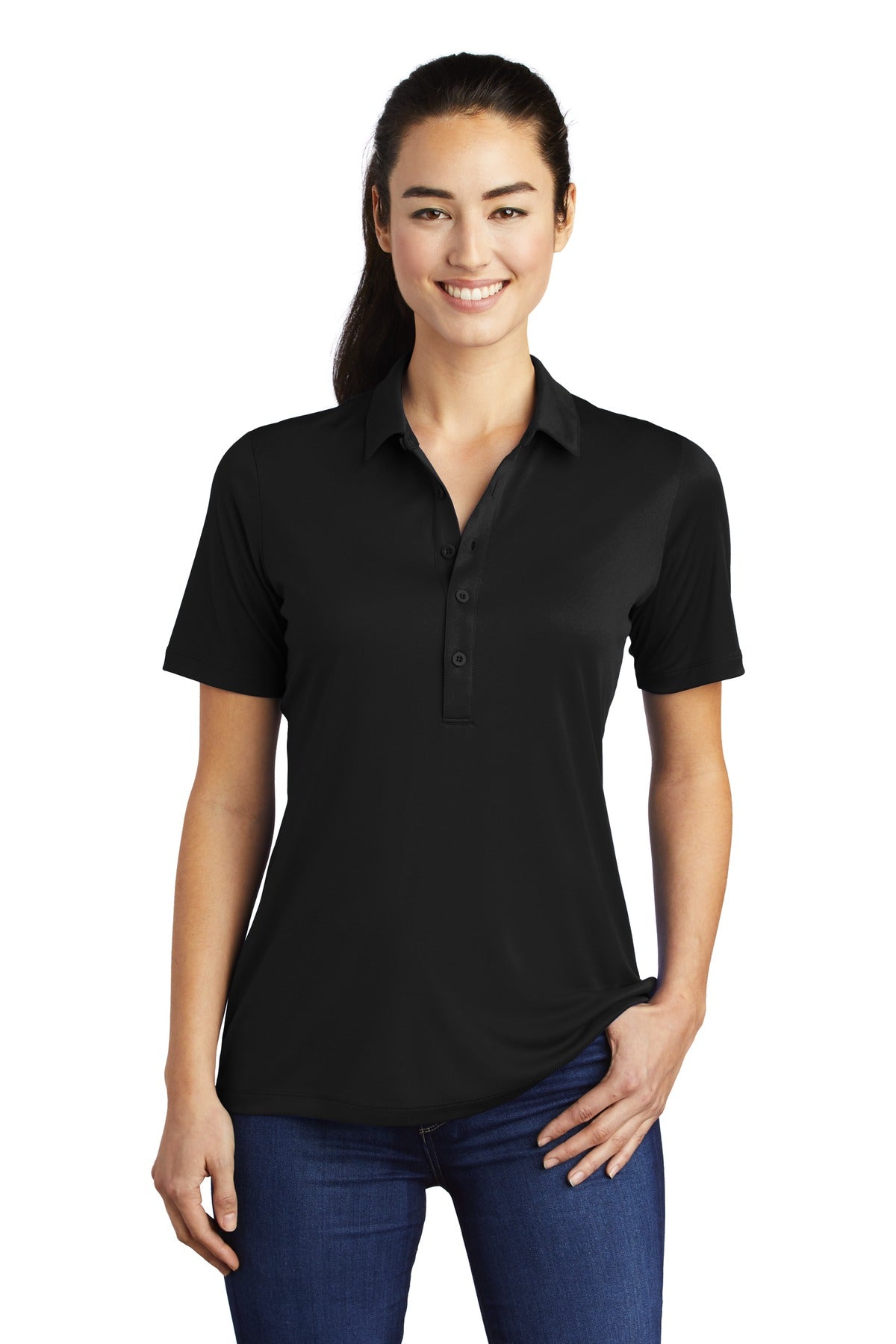 Front View of Black Sport-Tek Women's Posi-UV Pro Polo. LST520