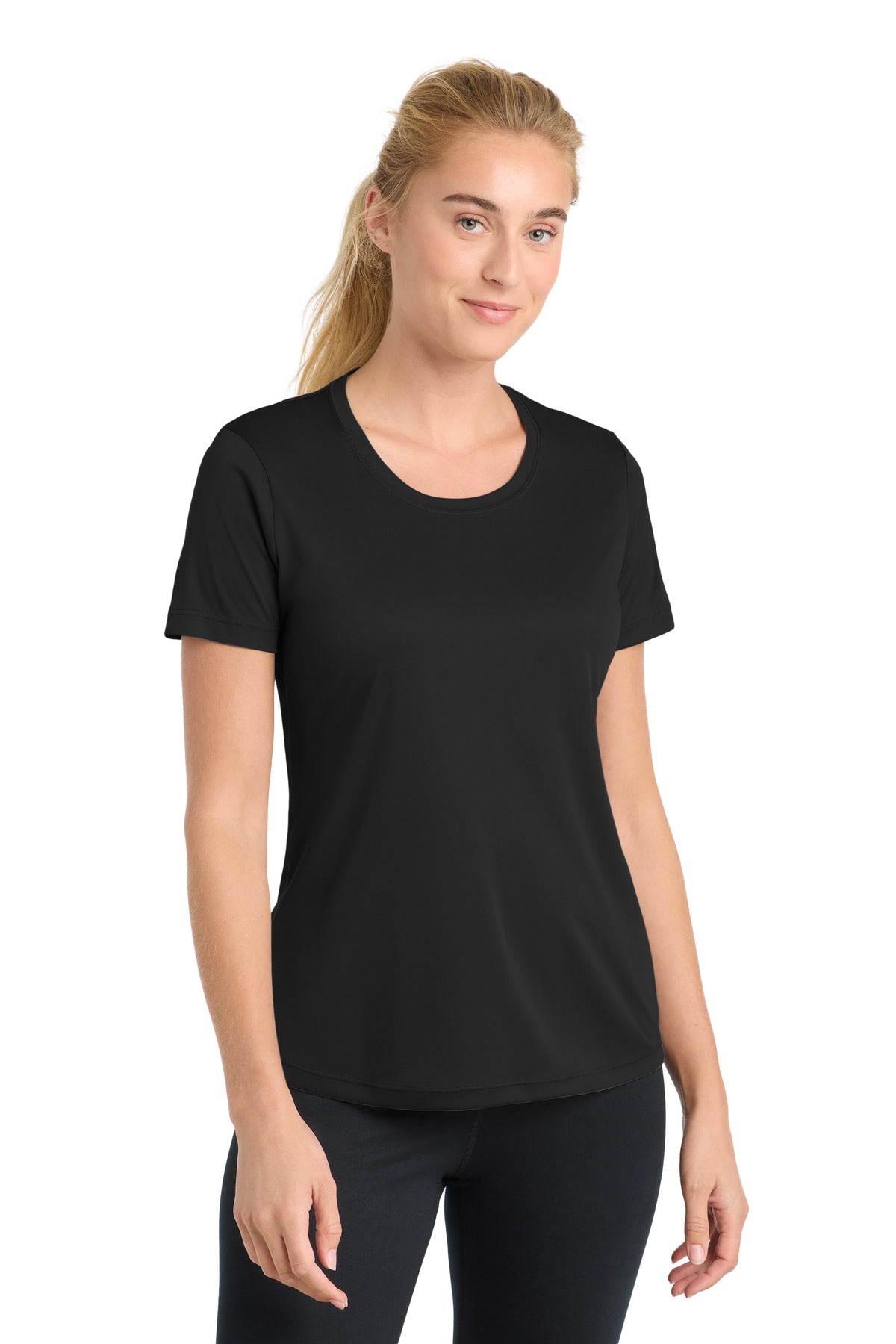 Front View of Black Sport-Tek Women's PosiCharge Competitor Tee. LST350