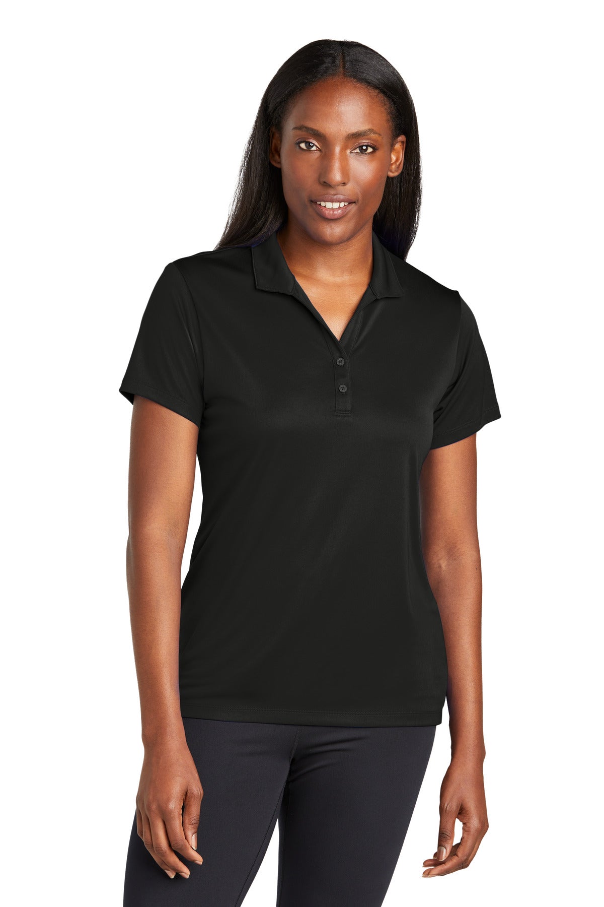 Front View of Black Sport-Tek Women's PosiCharge Re-Compete Polo LST725